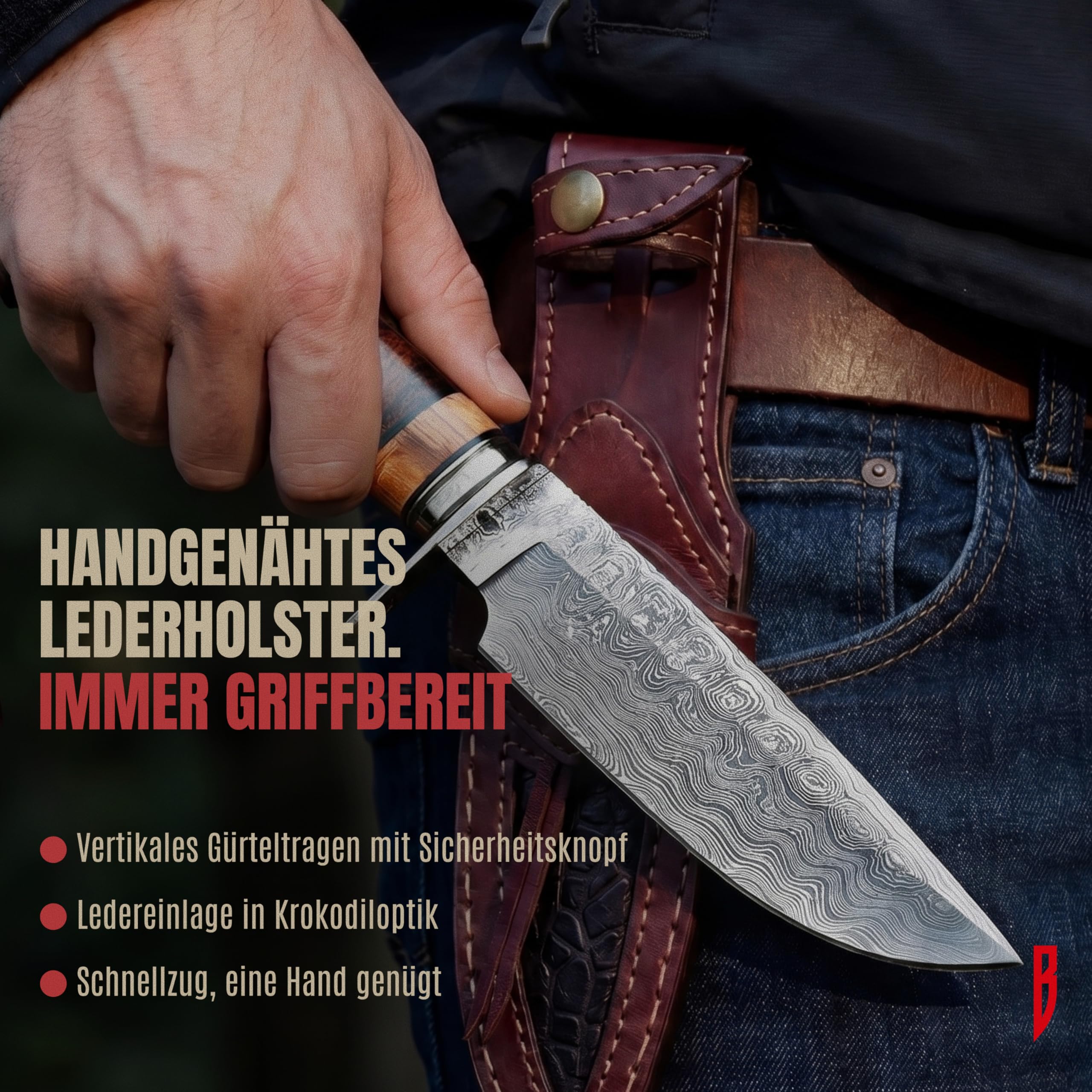 BIGCAT ROAR Wild Tiger Damaststahl Messer 10 Zoll - Full Tang - Walnussholzgriff & Lederscheide - Outdoor Camping Survival Bushcraft