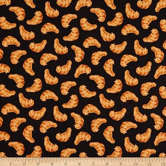 Whistler Studios Coffee Shop Croissants Black, Fabric by the Yard