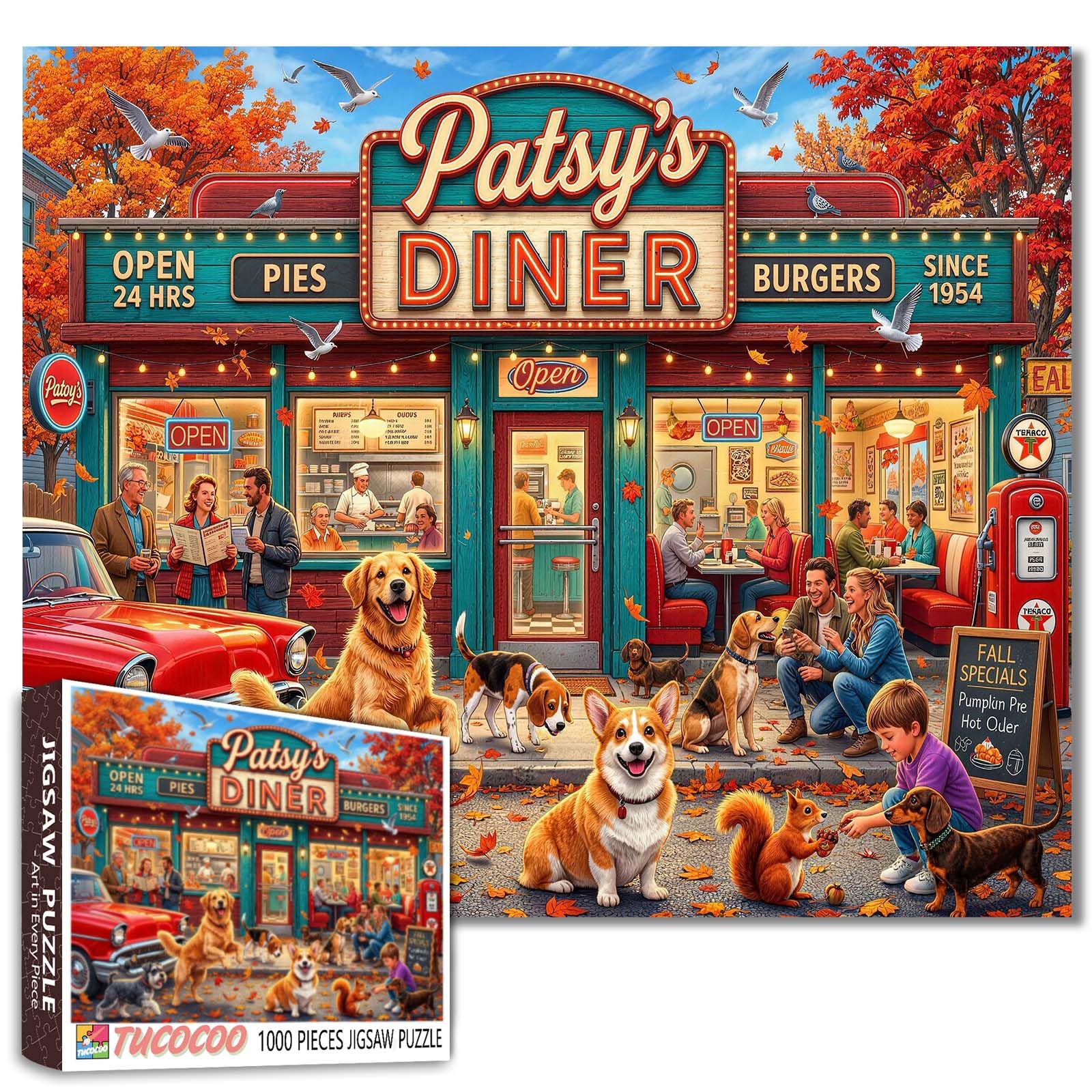 Retro Diner Jigsaw Puzzles 1000 Pieces Dog Family Art Jigsaw Puzzles for Challenging Family Games Fall Season DIY Handwork Puzzle for Home Wall Decor Gifts 19.7"x27.6" — image 1