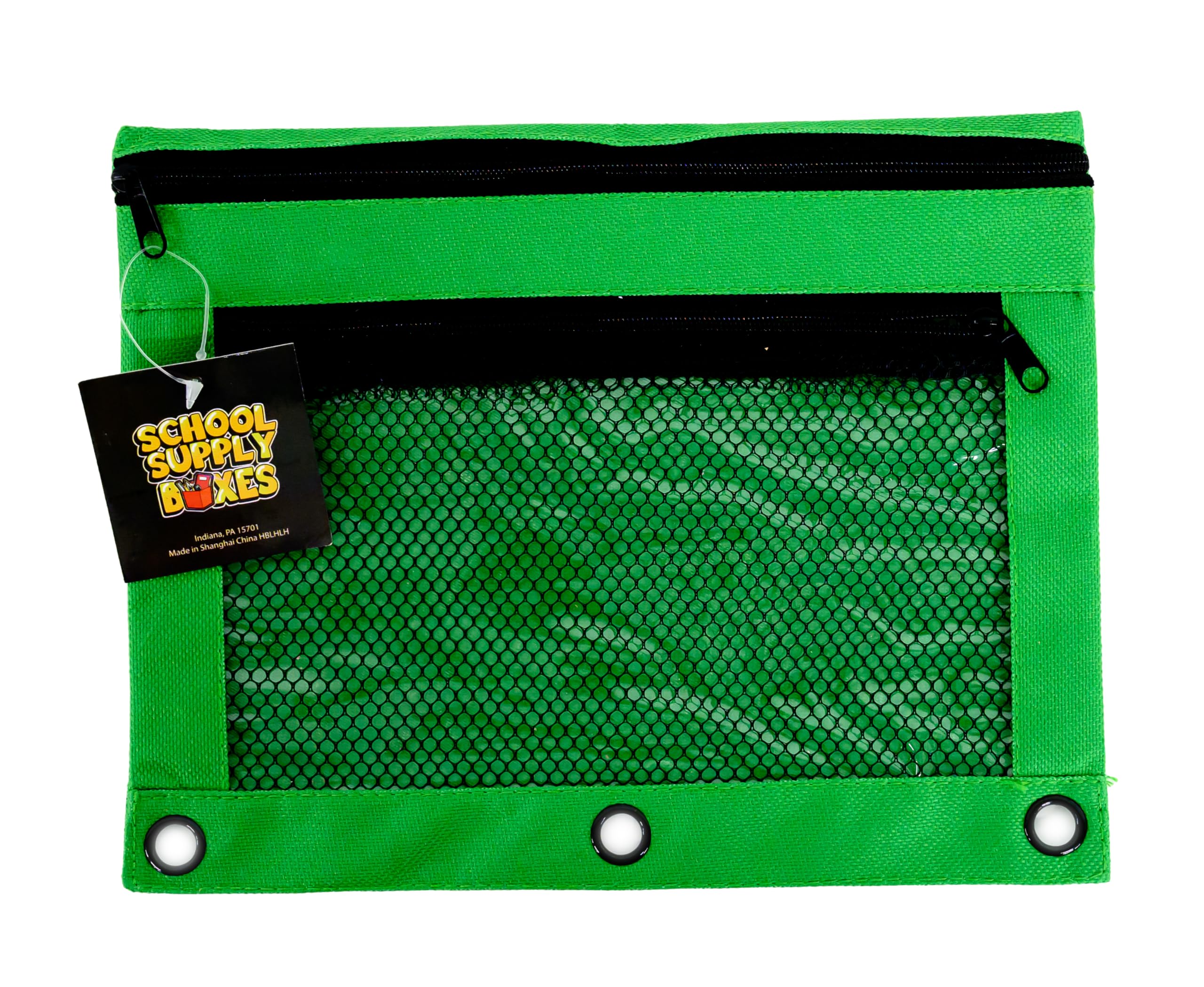 Green Two-Pocket Pencil Bag - Pack of 24 - Featuring Dual Zippers, Clear Front Window, Metal Grommets for 3-Ring Binders – School & Office Supply
