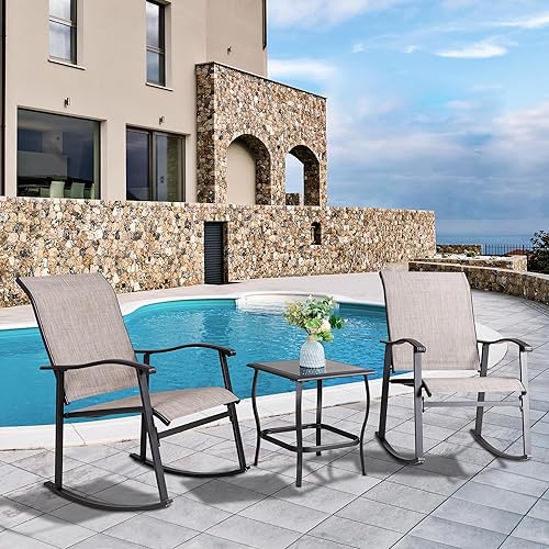 Miniatura 18 de Vongrasig Juego de 3 sillas mecedoras para exteriores, juego de 2 sillas mecedoras acolchadas para patio con mesa de cristal (beige)