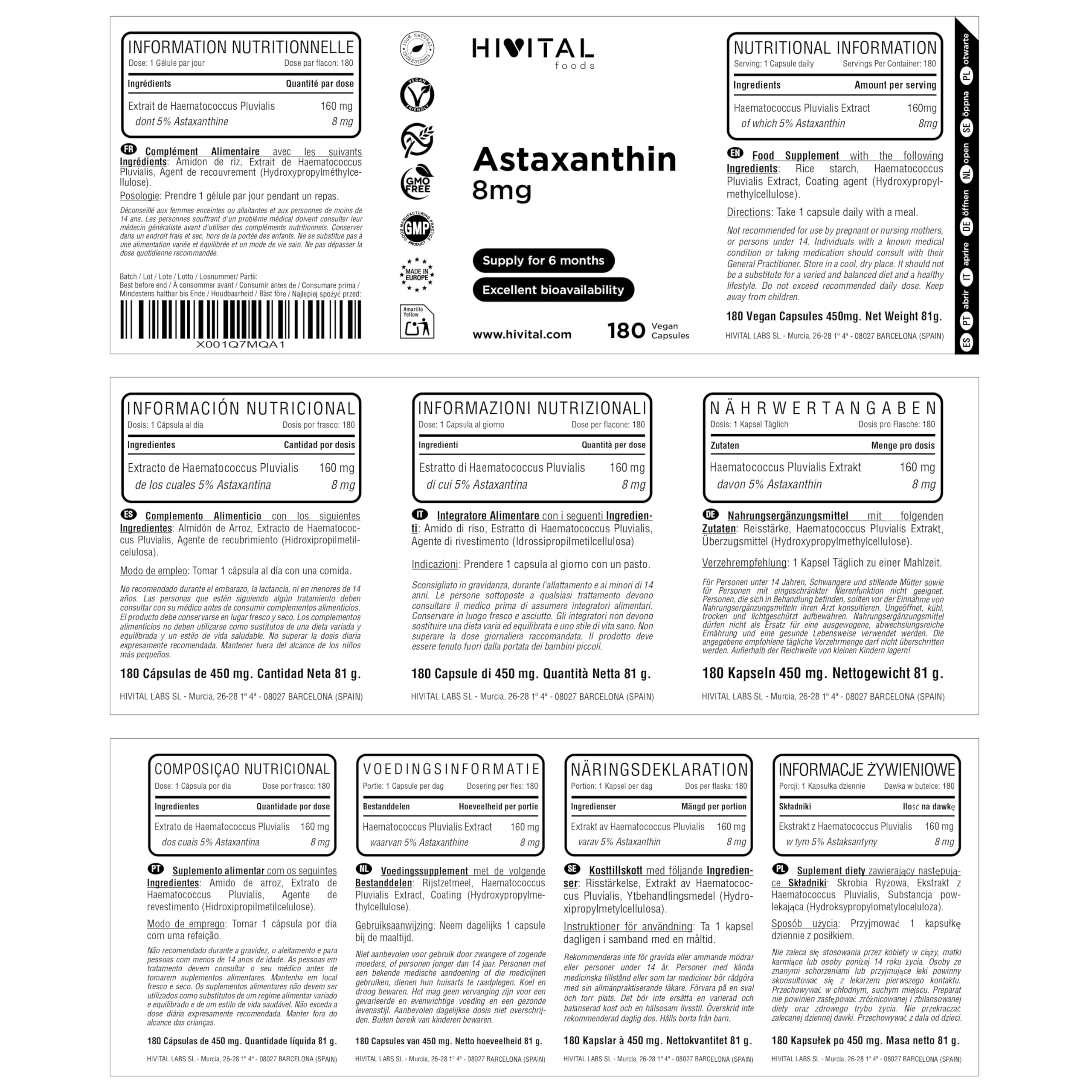 Astaxanthine pure 8 mg. 180 gélules végétaliennes pour 6 mois de traitement. Provenant de 160 mg d'Algues Naturelles Haematococcus Pluvialis à 5% en Astaxanthine. Fabriqué en Europe par HIVITAL