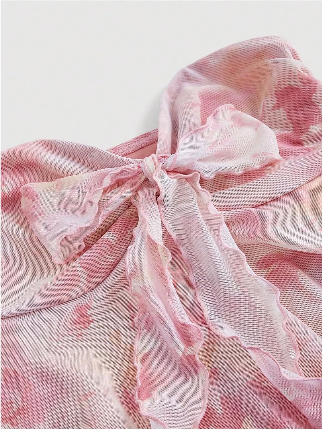 GORGLITTER Women's Floral Flowy Babydoll Tube Top Bow Tie Front Strapless Cute Mesh Ruffle Going Out Bandeau Tops - Image 3