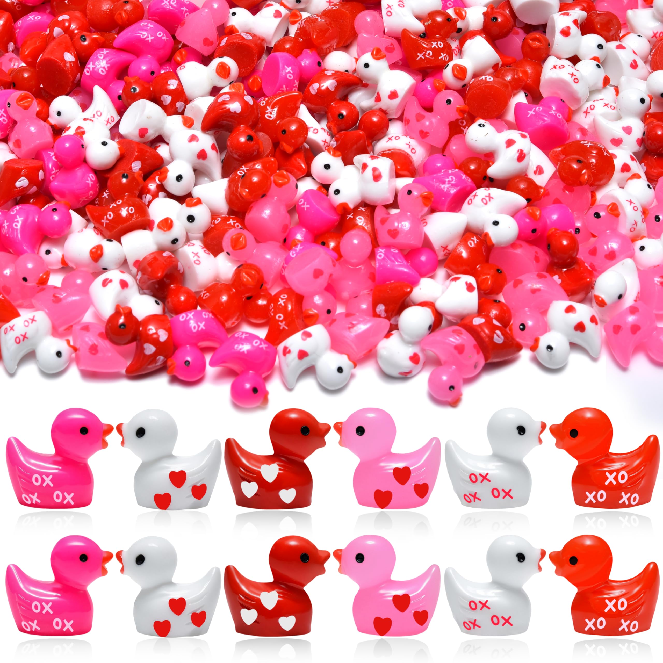 150 Pcs Valentine's Day Resin Mini Ducks Red Pink White Heart Valentines Day Tiny Resin Animals Bulk Miniature Figures for Micro Garden Landscape Decoration DIY Craft Party Favors