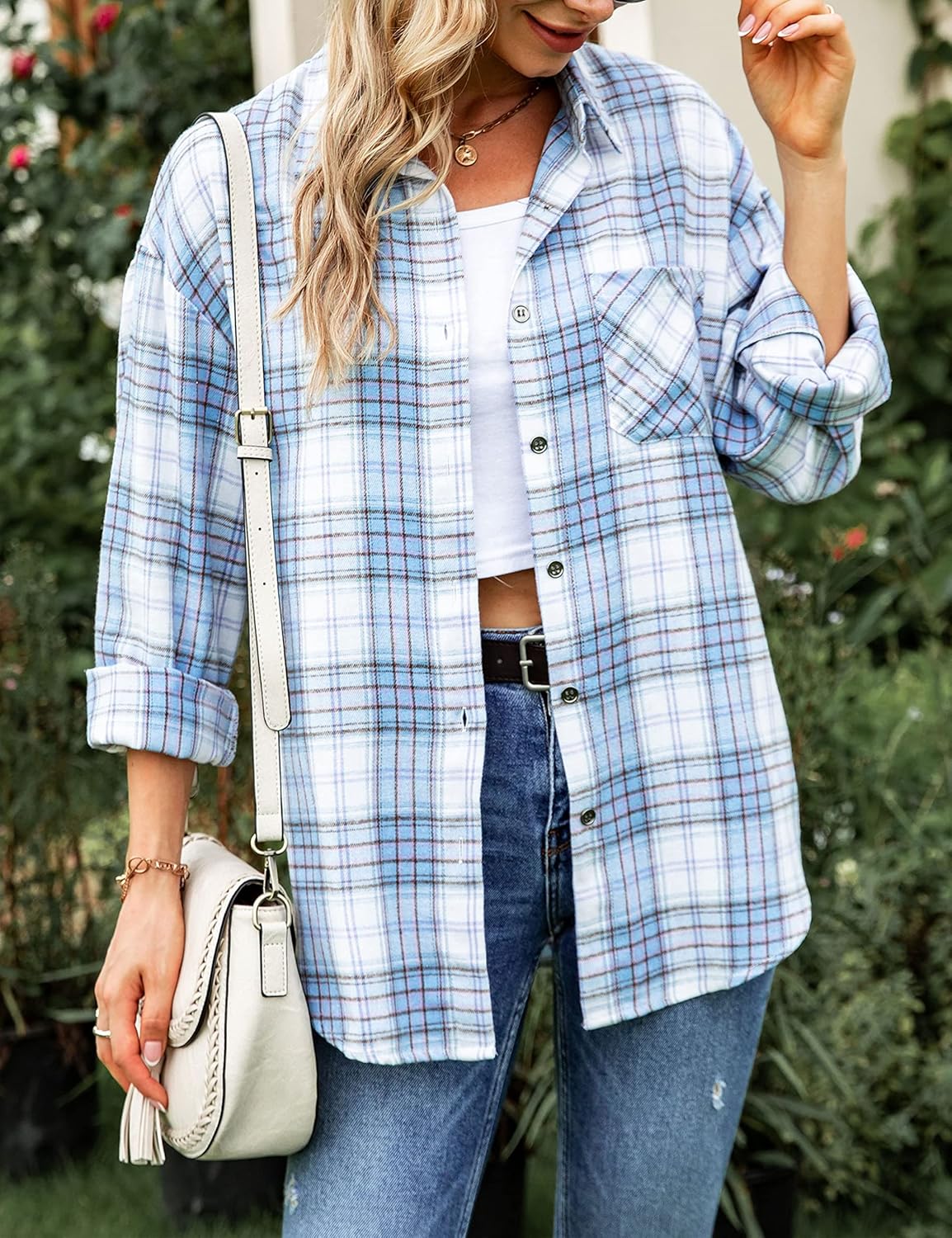 Zontroldy Womens Flannel Shirt Plaid Buffalo Long Sleeve Button Down Oversized Flannels Shirts Blouse Tops - Image 3