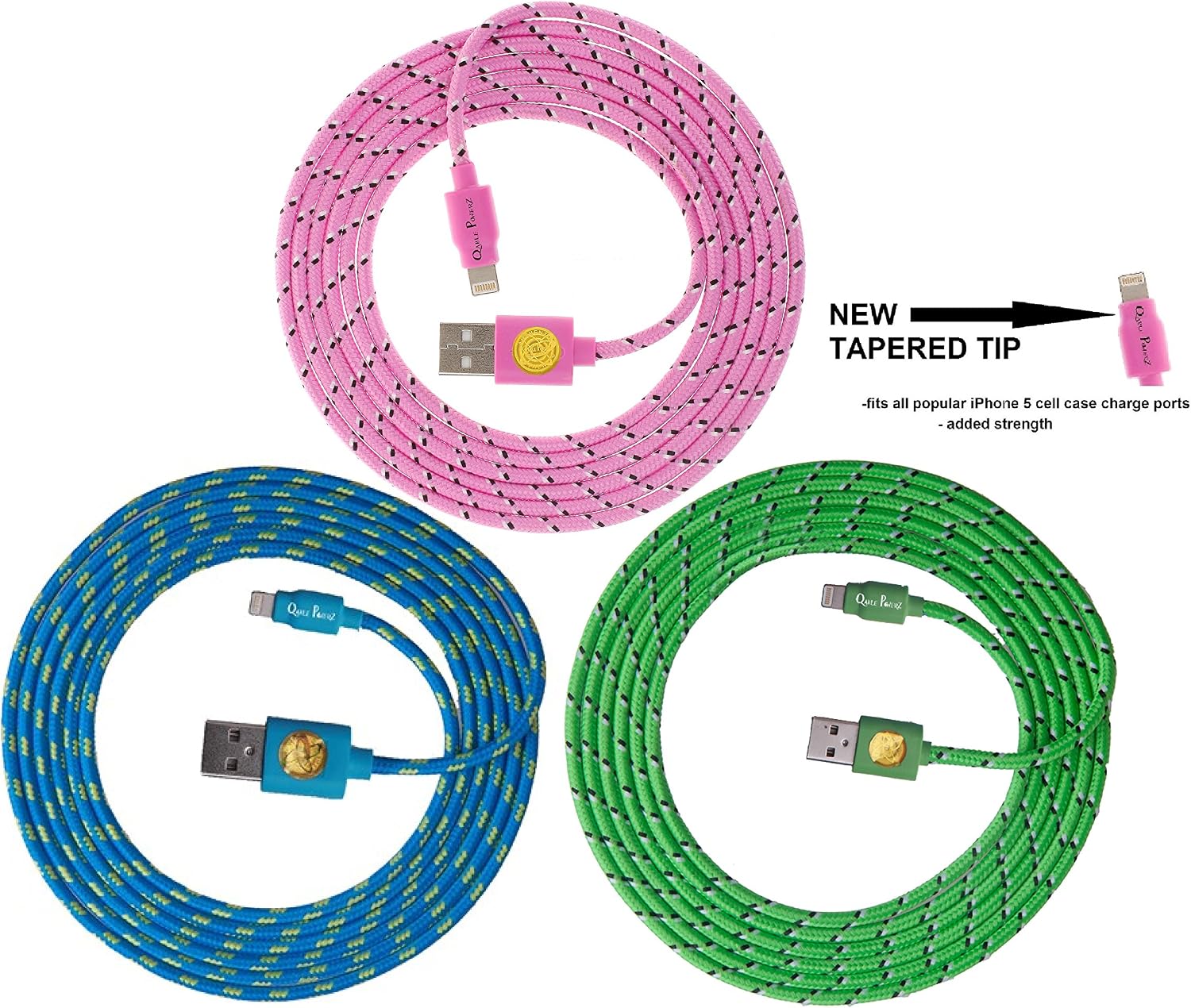 3PK 2M(6Ft) Braided Lightning Charging Cables with NEW DESIGN for Apple iPhone 5 5C 5S,iPhone 6, iPad 4 Mini, iPod Touch 5/Nano 7, 8 pin to USB (blu-grn-sft pnk)
