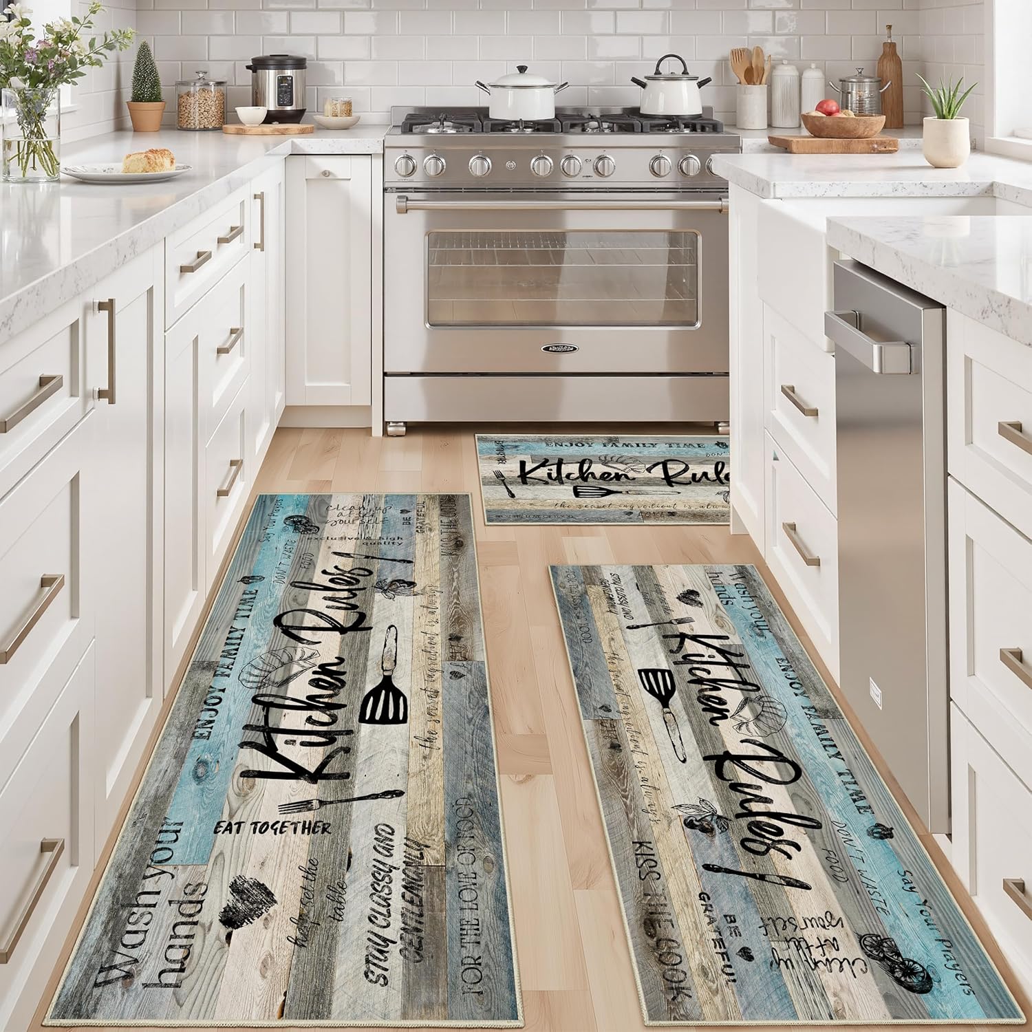 Tritard 100% Non Slip 3 Piece Kitchen Rugs Set with Runner, Farmhouse Washable Kitchen Mats for Floor, Ultra Soft Kitchen Floor Mats Carpet Runner Rugs for Sink, Entryway, Laundry Room, Teal Gray