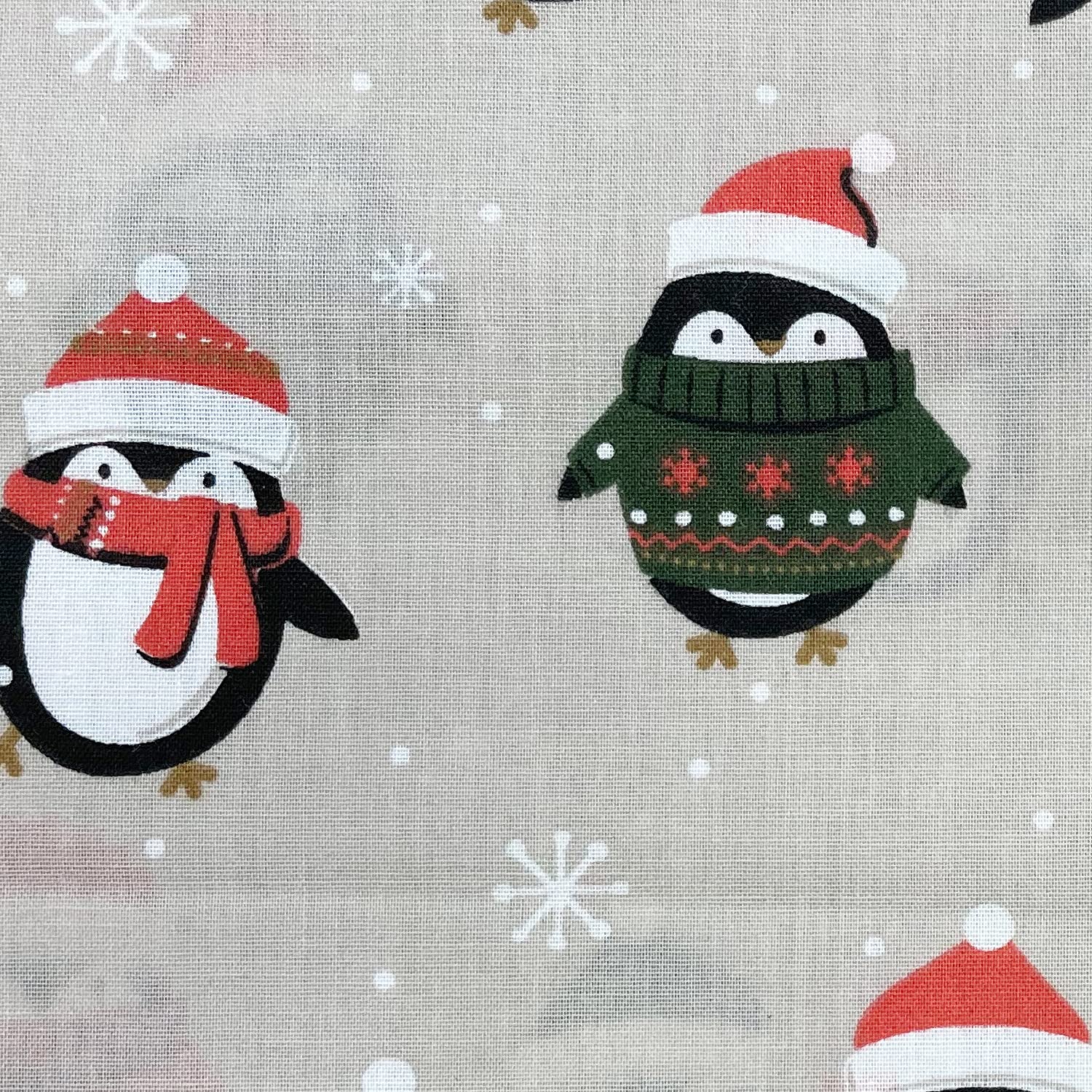 Christmas Fabric - Cute Penguins on Beige - Polycotton Xmas Craft Fabric Material Metre