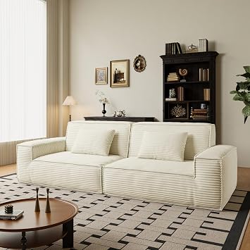 106.3 inch Large Striped Fabric Compression Sofa, Style, Comfortable Home Style, Living Room, Bedroom Furniture, Vacuum Compression, Full Sponge, high Rebound Straight Beige CI997