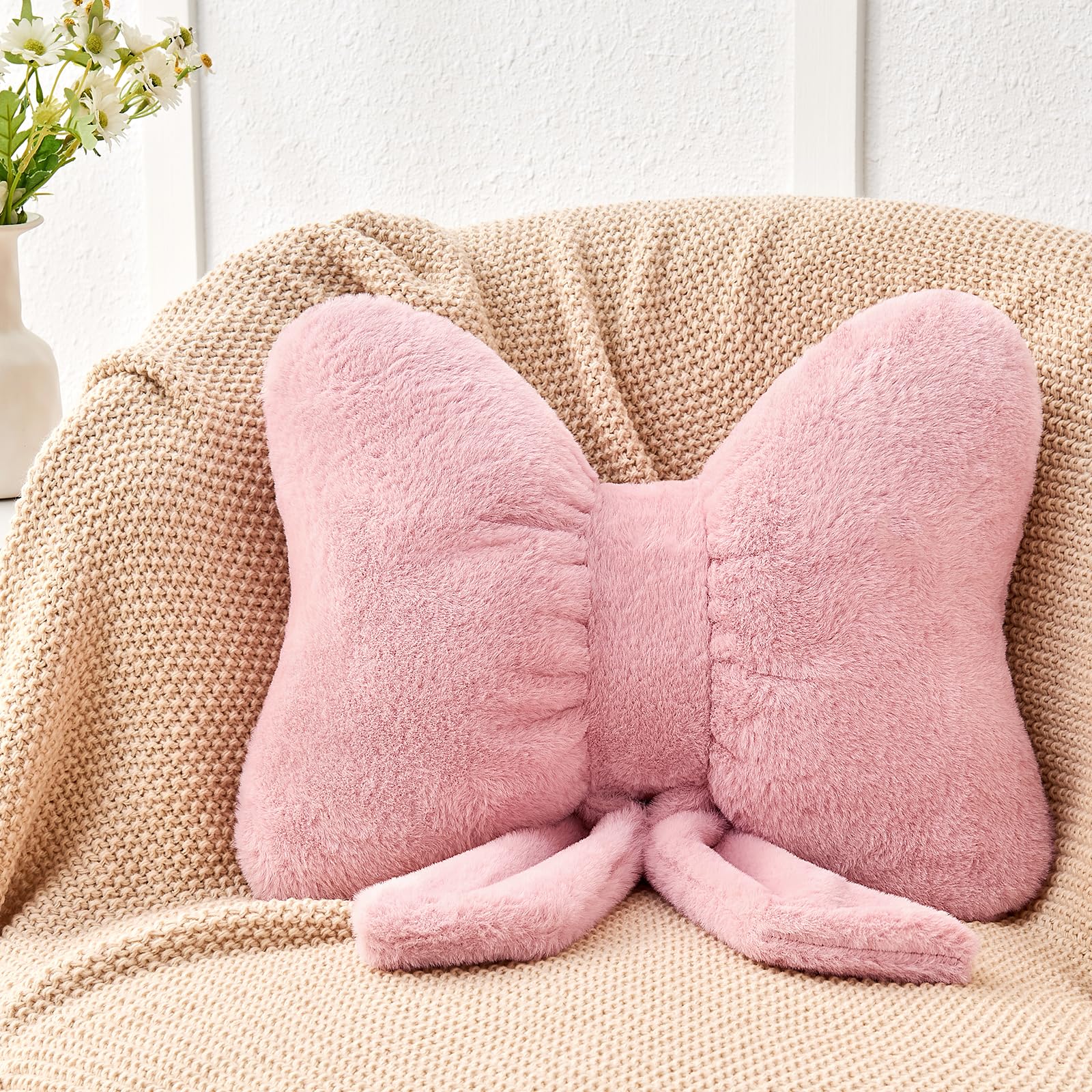 Mepherl Dusty Pink Bow Pillow,12'' Bow Decorative Pillows with Faux Rabbit Fur,Soft Bow Throw Pillows Aesthetic Bow Shaped Pillow for Bed Sofa Couch
