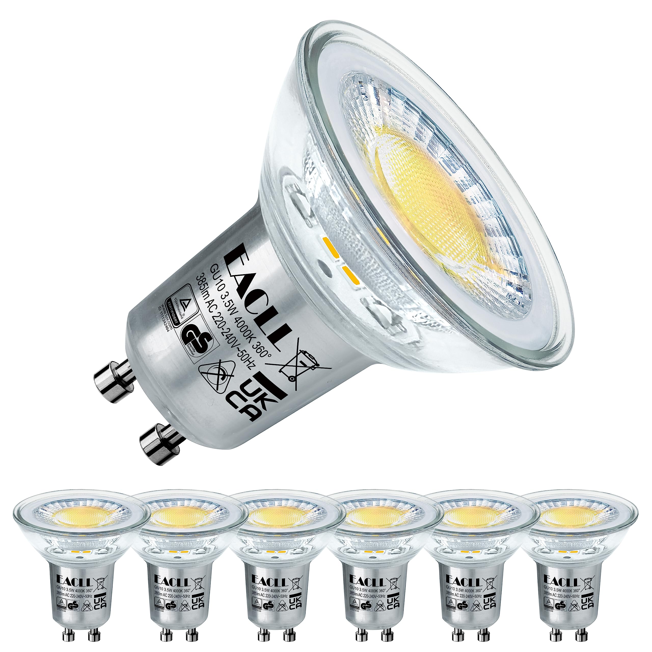 EACLL GU10 LED Neutralweiss 3,5W Ersetzt 50W Halogenlampe, 6er-Pack. 385lm 4000K Leuchtmittel, Abstrahlwinkel 360° Energiesparlampe, Nicht Dimmbar Reflektorlampen, 230V Flimmerfrei Ø50xH53mm Strahler