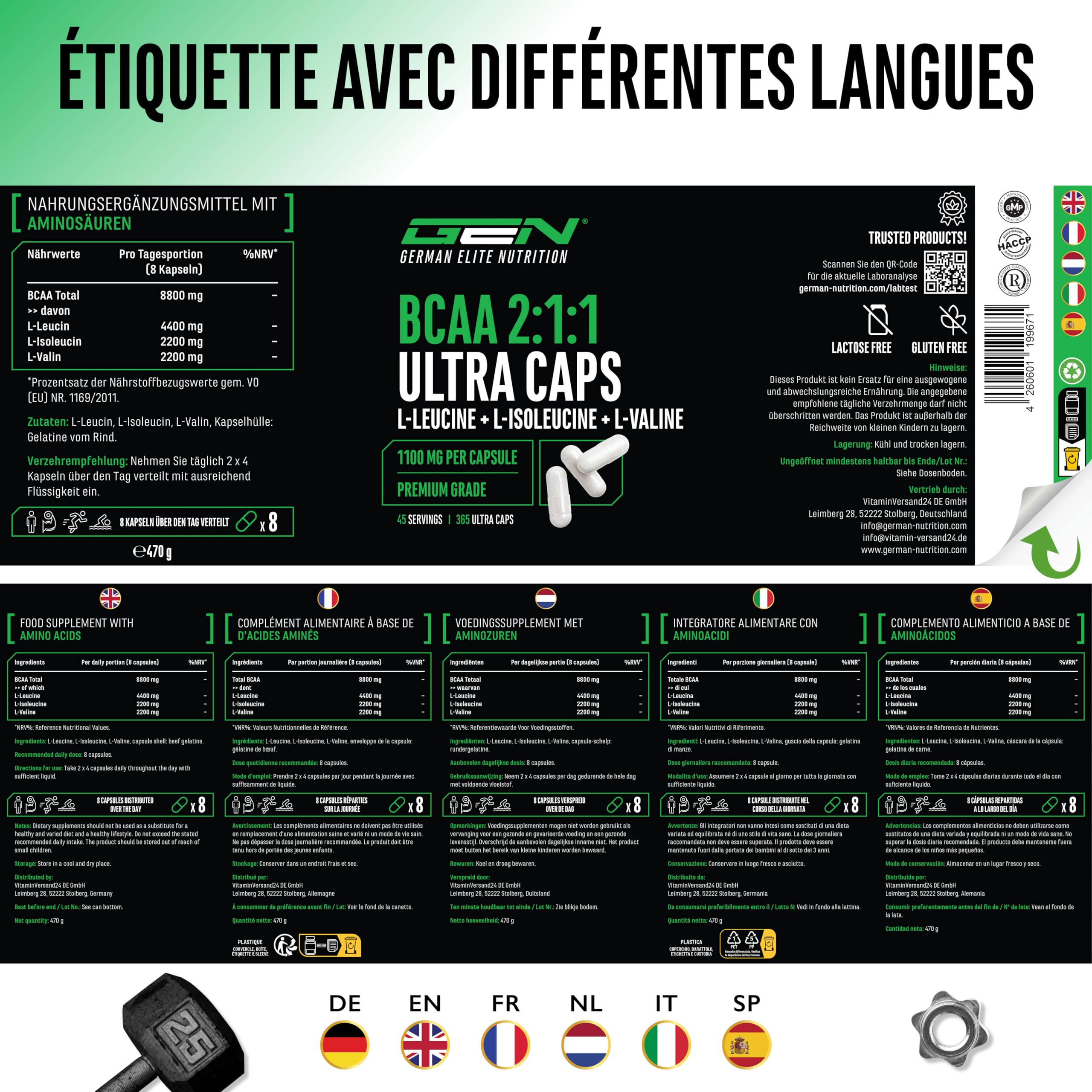 BCAA Ultra Caps - 365 gélules avec un dosage élevé de 1100 mg par gélule - Rapport optimal 2:1:1 - Leucine, L-Isoleucine, L-Valine - Acides aminés essentiels à chaîne ramifiée