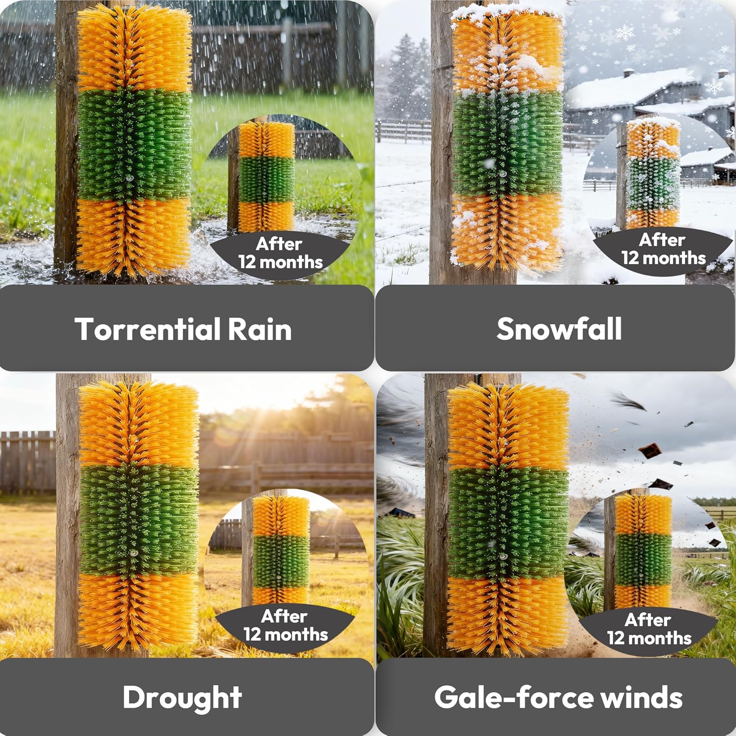 Livestock Scratching Brush 2-Pack — Cattle Horse Goat Pig Sheep Grooming Post with 16 Screws, Weather-Resistant Barn Fence Mount