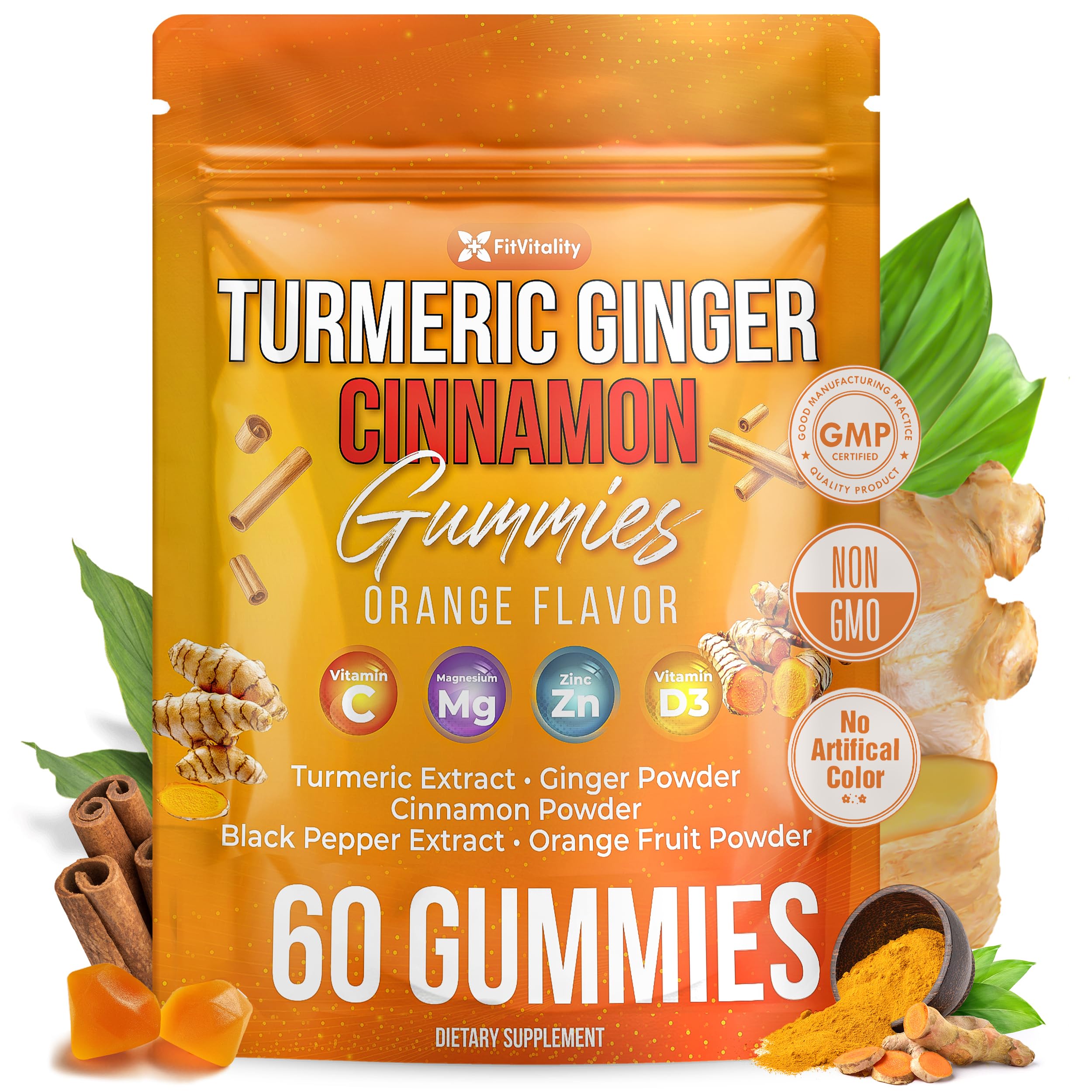 60 Turmeric Ginger Cinnamon Gummies. W/Vitamin E, B12, D3, Mg, Pepper Turmeric Ginger Cinnamon Gummies 60 Count (Pack of 1)