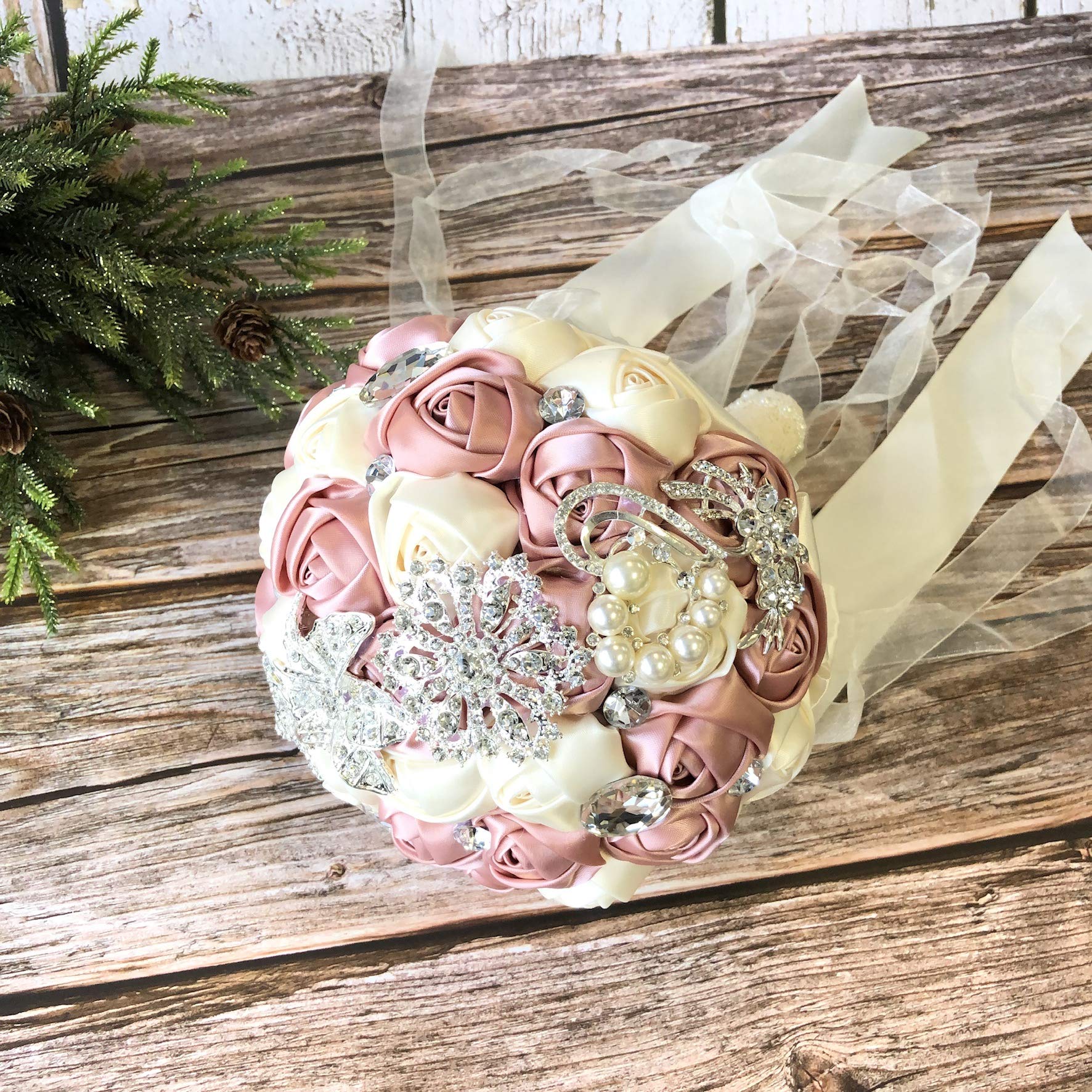 Abbie Home Advanced Customization Romantic Bride Wedding Holding Toss Bouquet Rose with Pearls and Rhinestone decorative brooches Accessories-Multi color selection (Pink + Creamy White)