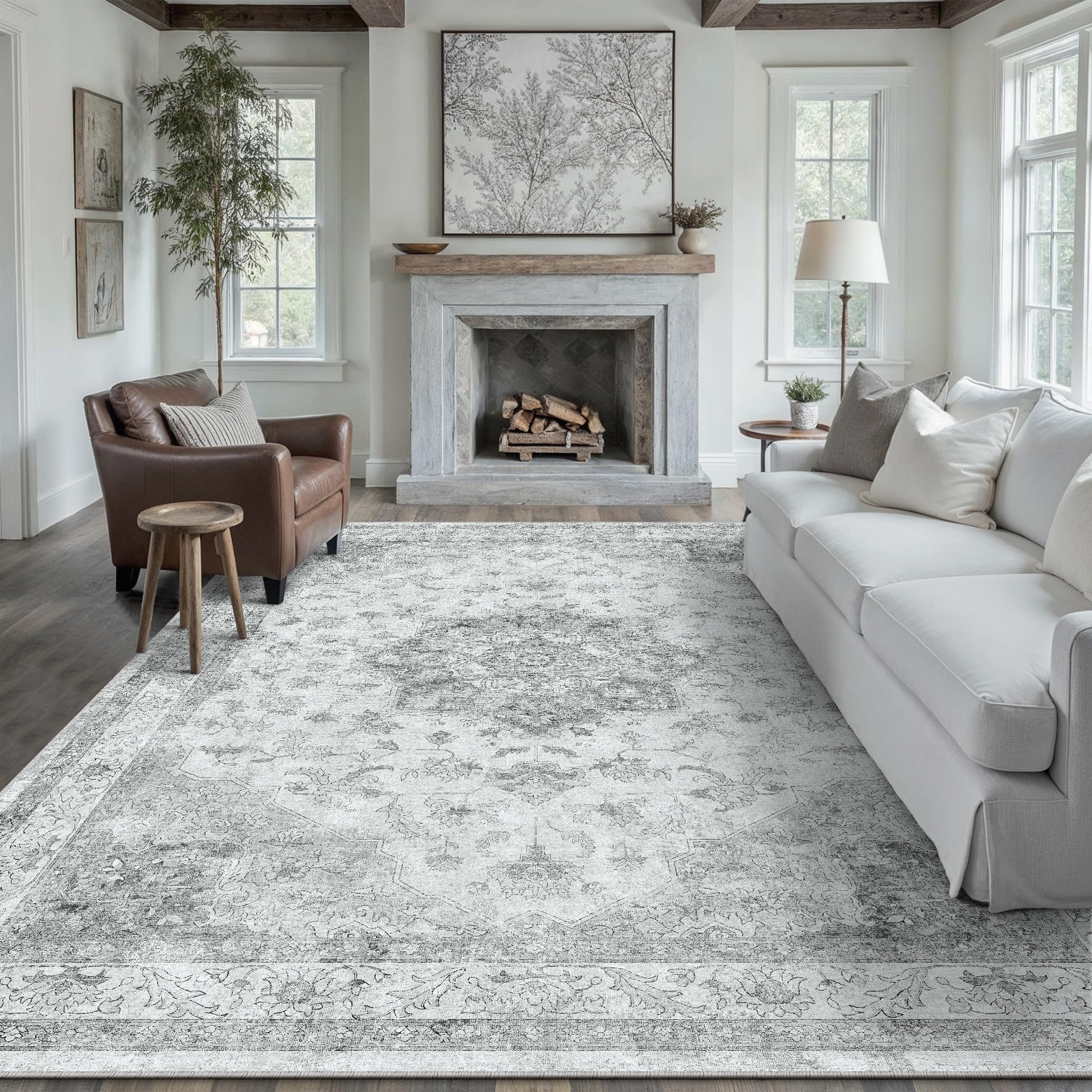 PureCozy Vintage Washable Grey Rugs Living Room Area Rug 200x300cm Bedroom Large Non Slip Soft Carpet Kitchen Bedroom Dining Room Office Indoor Low Pile Carpets