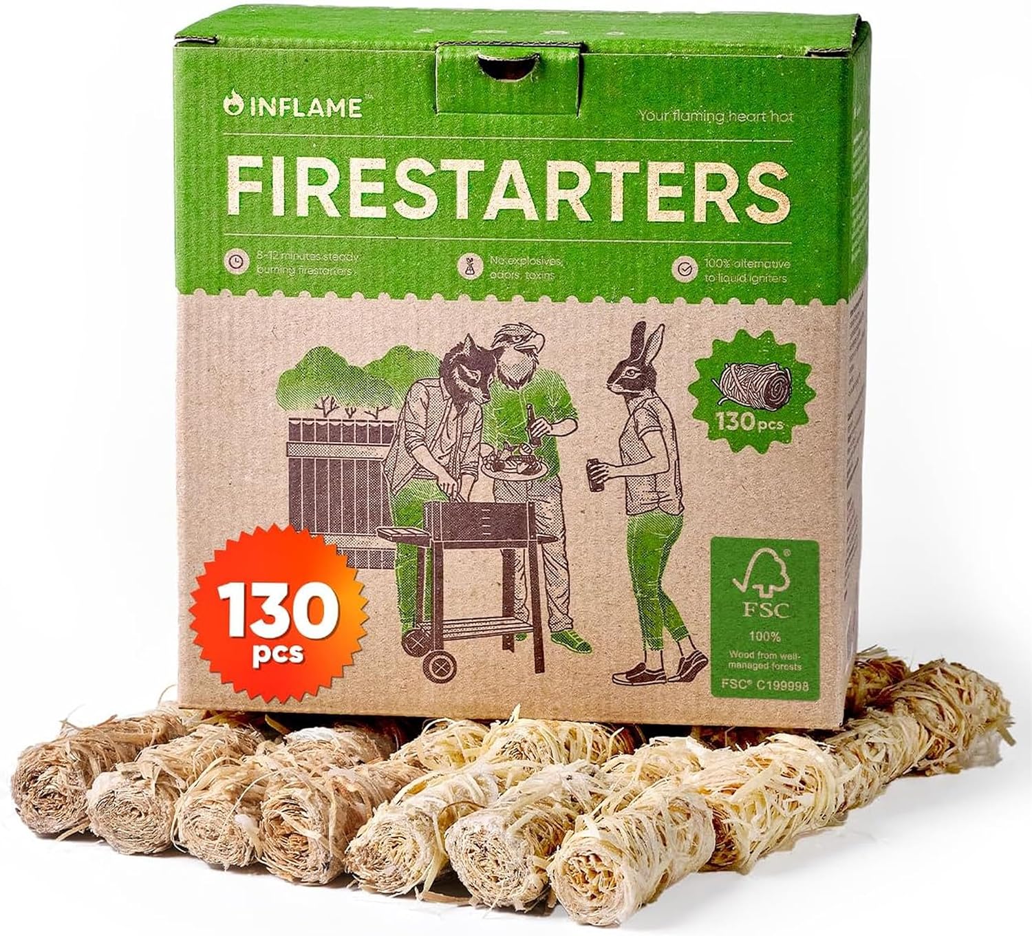 Inflame Fire Starters 130 pcs Fire Starters for Campfires, Grill, BBQ, Fireplace, Woodstove – Charcoal Starter – Waterproof, Weather-Resistant – Natural Wood Fireplace Starters Inflame Fire Starters 130 pcs Fire Starters for Campfires, Grill, BBQ, Fireplace, Woodstove – Charcoal Starter – Waterproof, Weather-Resistant – Natural Wood Fireplace Starters