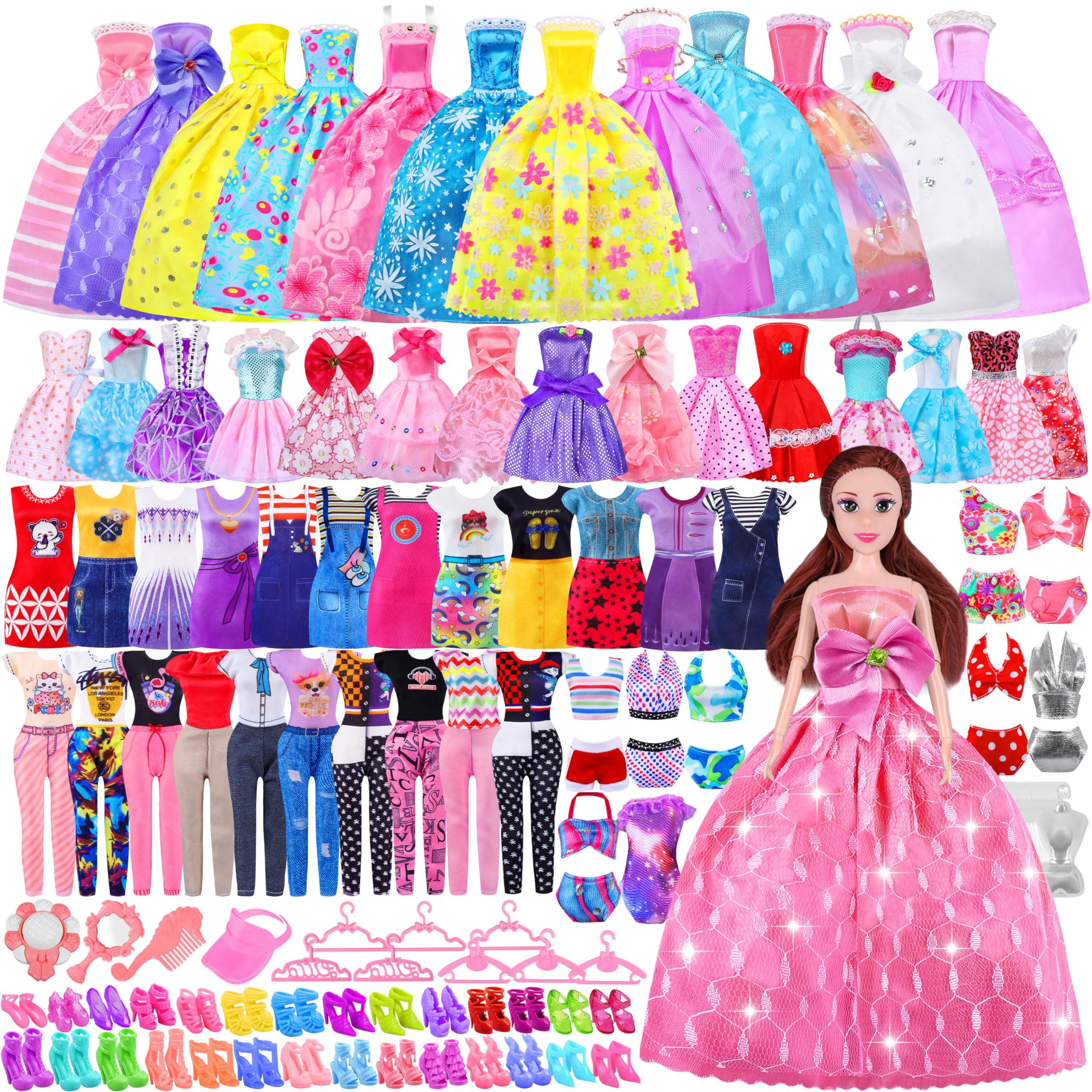 87 Pcs Doll Clothes and Accessories with Doll, Princess Gowns, Fashion Dresses, Slip Dresses, Top & Pants/Jumpsuit, Swimsuits, Shoes, Hangers, Doll Dress up Toys for Girls Gifts (87 Pcs)