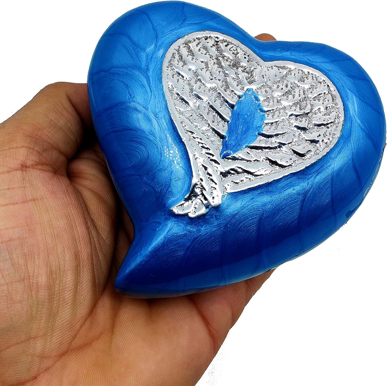 Angel Wings Heart Cremation Urn for Human Ashes Adult Funeral Decorative Urn for Women and Men Handcrafted Keepsake Cremation Heart Shaped Urn Comes with Stand & Gift Box (Blue)