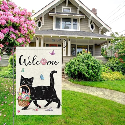 Miniatura 7 de Louise Maelys Bandera de bienvenida de primavera para jardín, 12 x 18 pulgadas, arpillera de doble cara, pequeña vertical con gato negro floral para