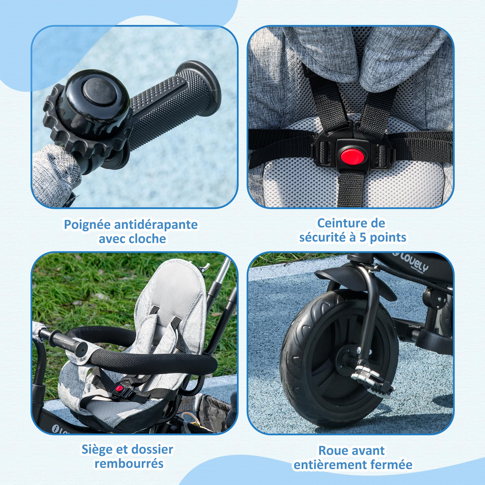 HOMCOM Tricycle bébé évolutif 6 en 1 vélo Poussette avec poignée de poussée, auvent Amovible, Ceinture de sécurité à 5 Points, Rangement, Repose-Pieds, Frein, pour Enfants de 1 à 5 Ans, Gris
