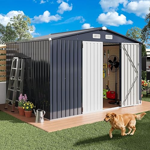 IRONCK 10x8FT Storage Shed, Outdoor Tool Shed with Lockable Doors and Breathable Vent, Outside Metal Garden Storage for Poolside, Backyard, Patio, Dark Blue