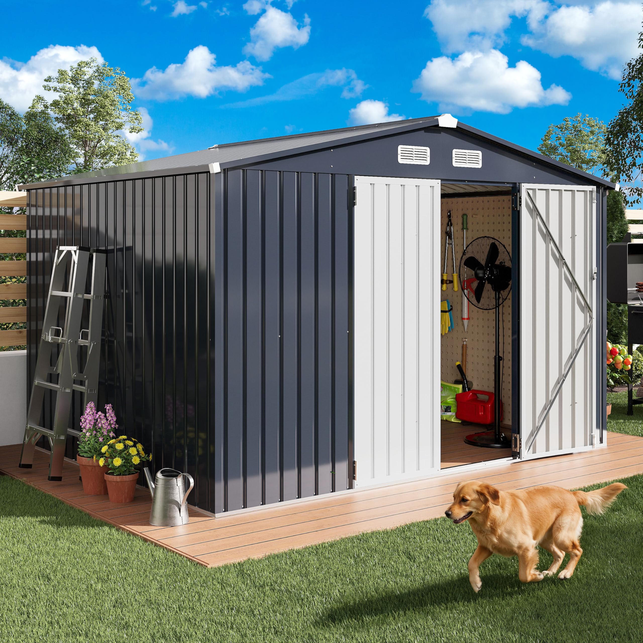 Photo 1 of **MISSING PIECES** 3 BOXES --- IRONCK 10x8FT Storage Shed, Outdoor Tool Shed with Lockable Doors and Breathable Vent, Outside Metal Garden Storage for Poolside, Backyard, Patio, Dark Blue
