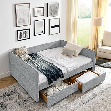 Queen Daybed with Pullout Drawers, Modern Queen Size Day Bed Frame, Upholstered Sofa Bed Frame Daybeds Furniture for Bedroom Living Room Guest Room sofa cama, No Box Spring Needed, Grey Boucle