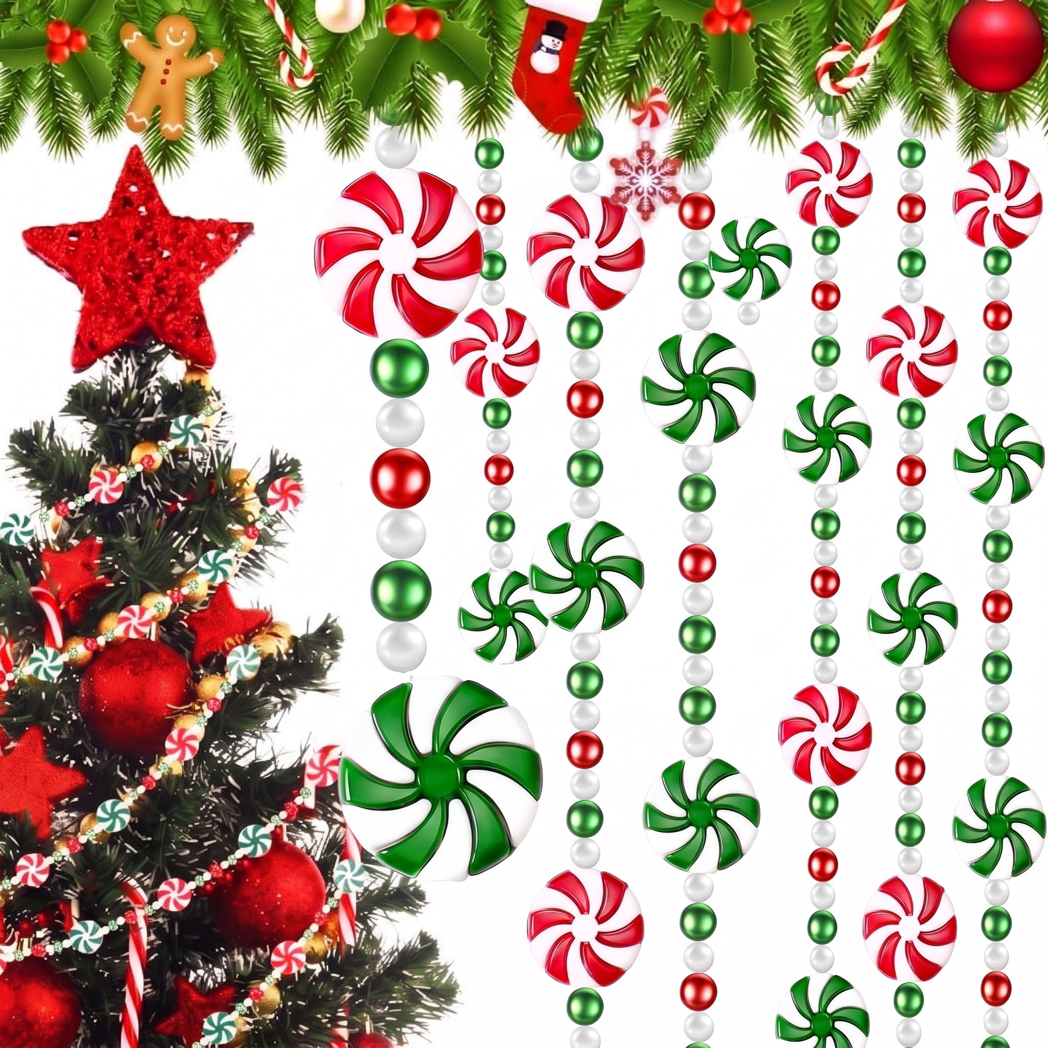 Huwena 4 Stück 3 m Weihnachts-Süßigkeiten-Perlengirlanden Pfefferminze hängende Weihnachtsbaumgirlande Perle Weihnachtsbaum Perle für Weihnachtsbaum Kamin Kranz Ornamente