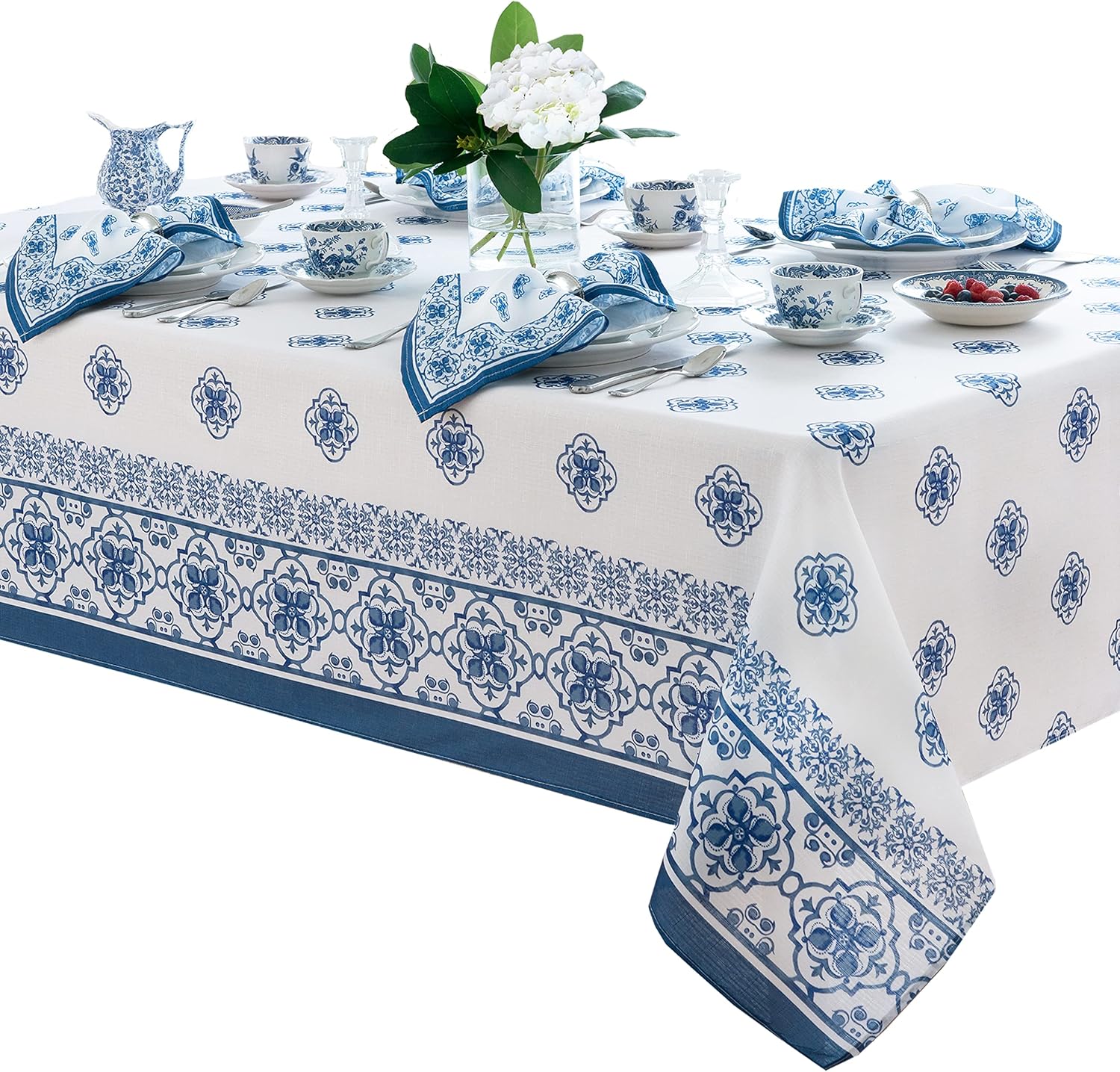 Newbridge Rectangle Fabric Tablecloth, 60 x 102 Inch, Mykonos Blue Mediterranean, Indoor Outdoor Stain Resistant No-Iron Table Cloth, Blue Tile Border