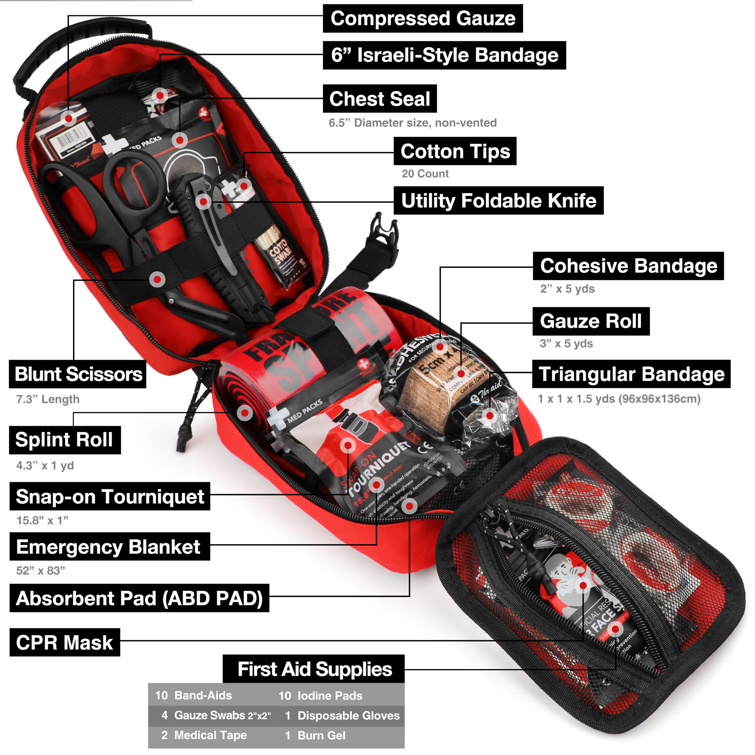 Survival First Aid Kit with Israeli-Style Bandage, Splint, Chest Seal for Tactical Molle Outdoor Emergencies, Red — Amazon image 3