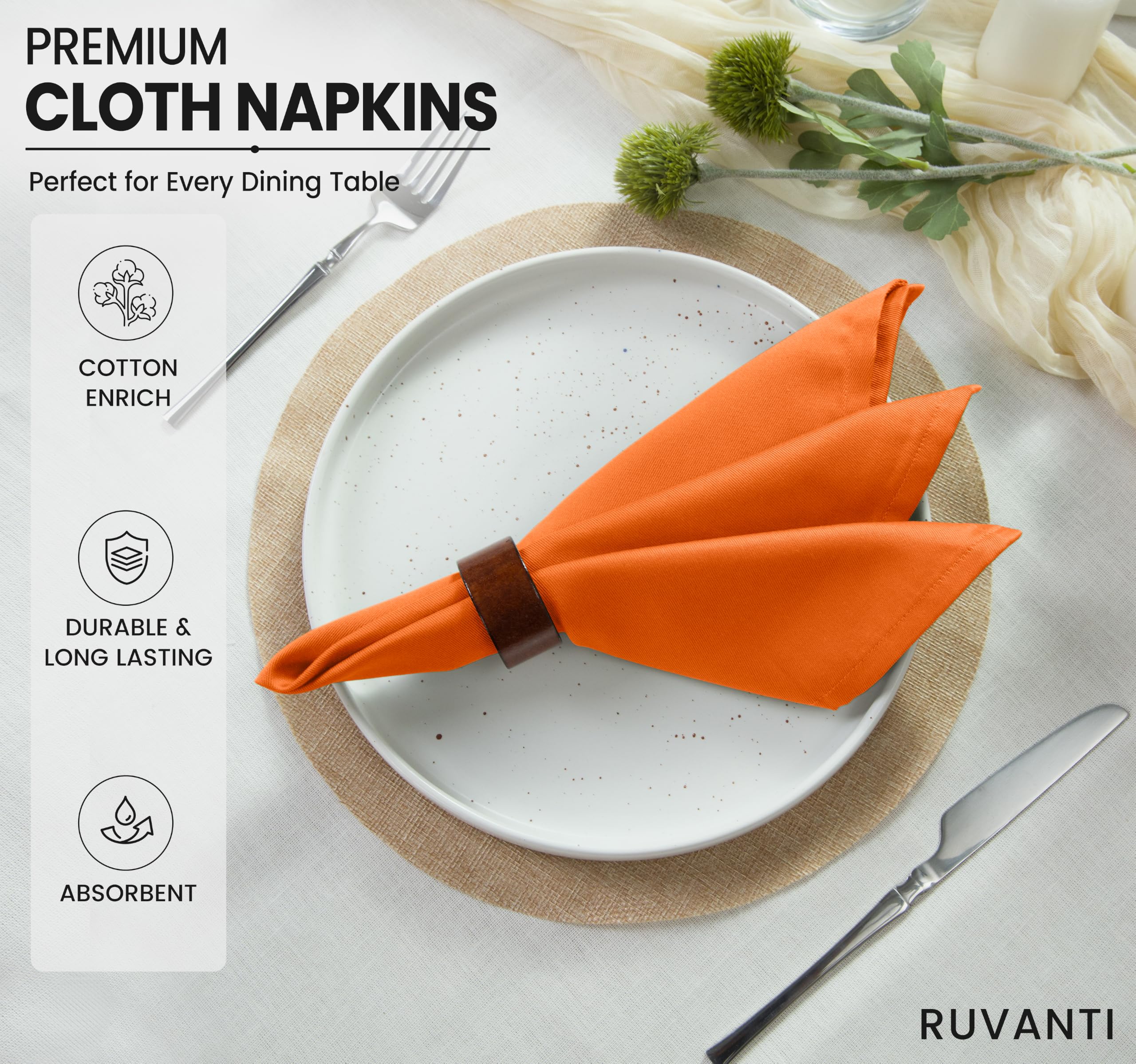 Ruvanti Lot de 12 serviettes de table en mélange de coton lavable, doux, durable, absorbant, 45,7 x 45,7 cm, pour Thanksgiving, dîners d'Halloween, orange (Fall)