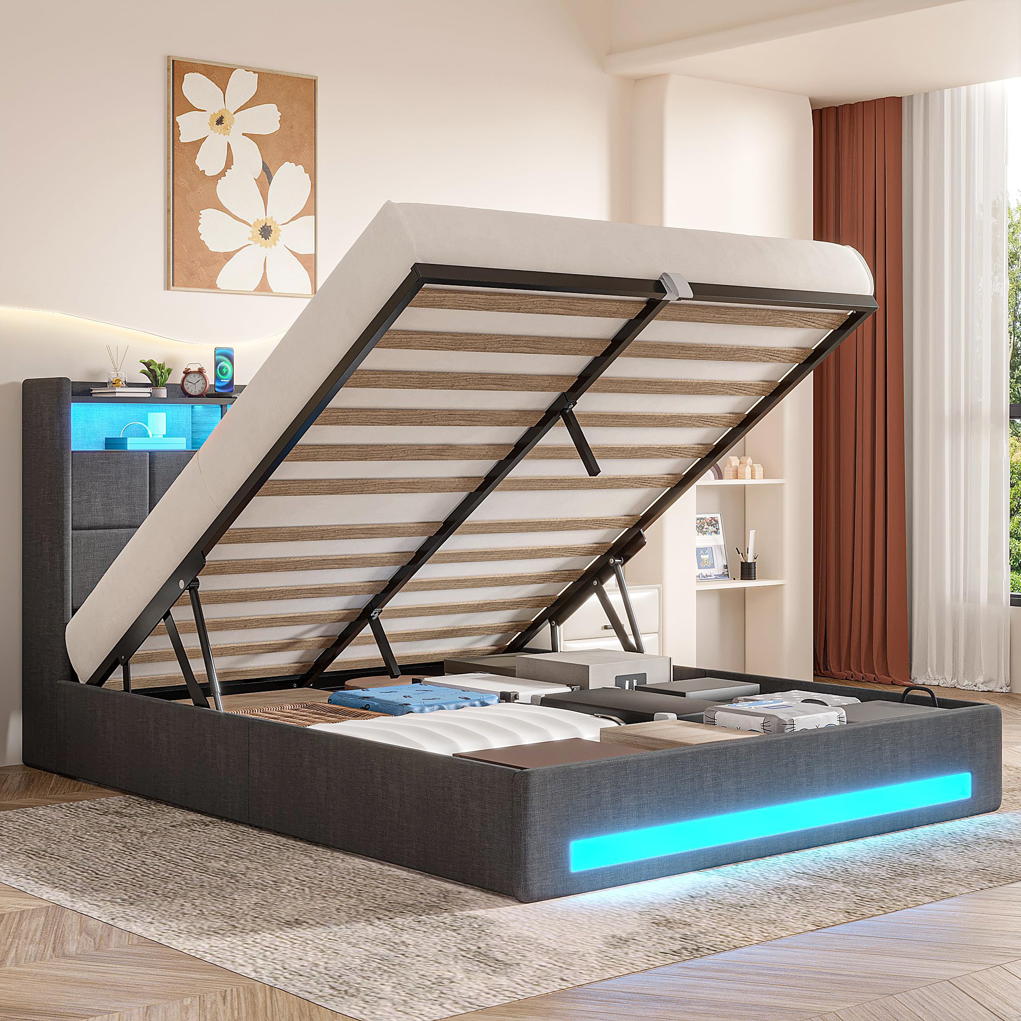 VECELO Full Size Lift Up Storage Bed, Upholstered Platform Bed Frame with Smart LED Lights and USB Charging Station, No Box Spring Needed, Grey