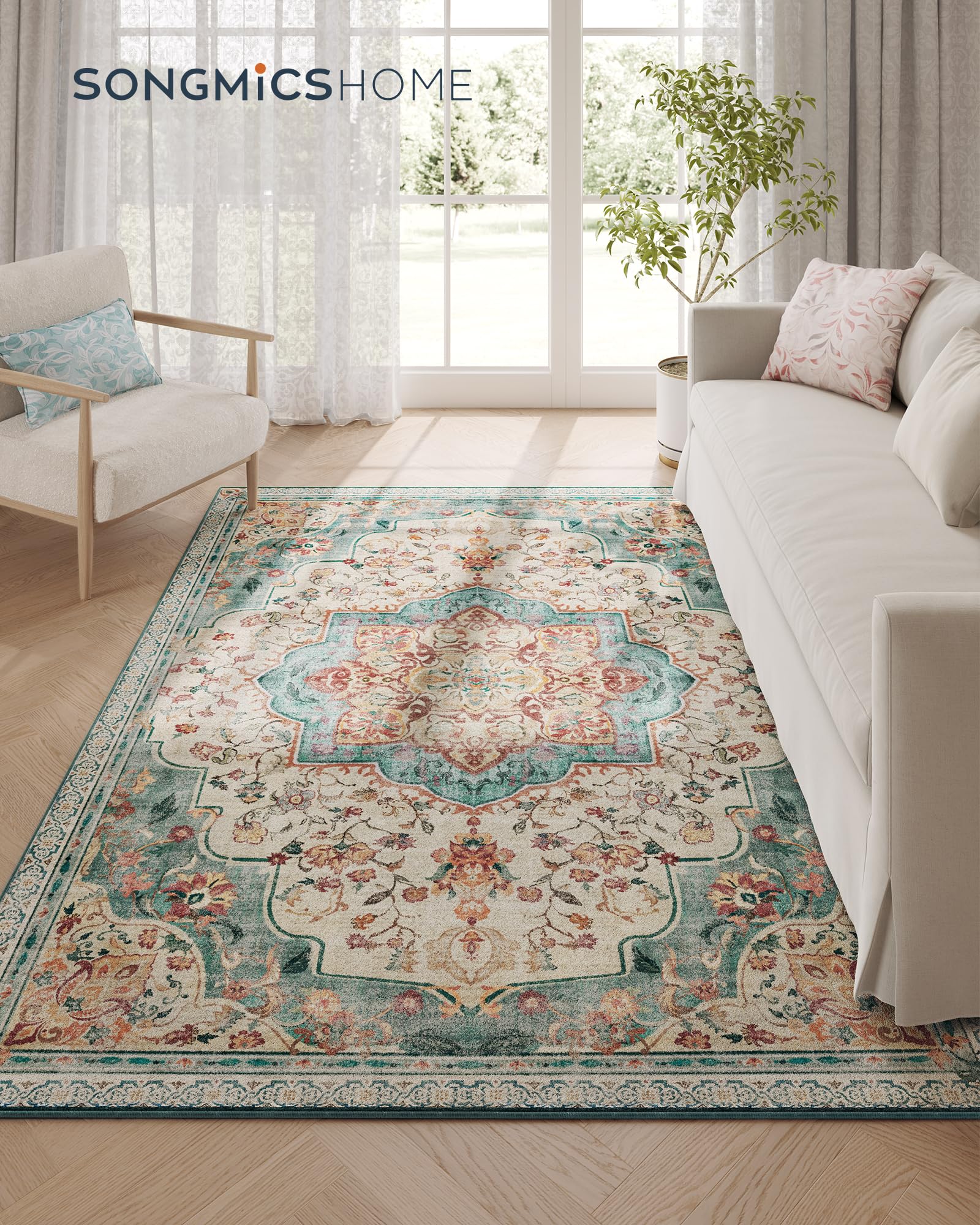 SONGMICS HOME Tappeto Antiscivolo 160 x 230 cm Camera da Letto, Stile Vintage Tradizionale, Ornamento per Soggiorno, Cucina, Ingresso, Sala da Pranzo, Lavabile in Lavatrice, Blu Acqua TAR033Q01