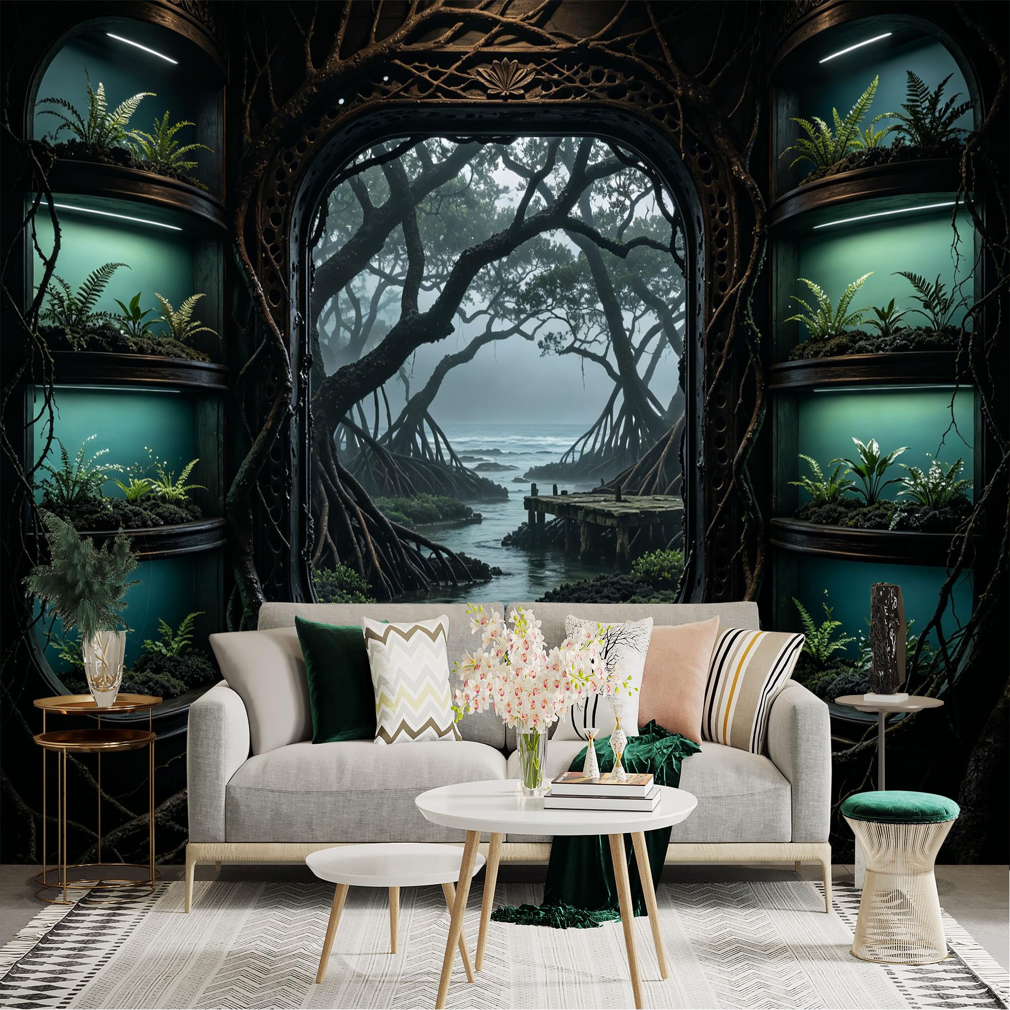 Custom Size Wall Sticker Mural， Futuristic Window View of Mangrove Forest and Ocean Mist， for wall Decoration， peelandstick wall Decals.