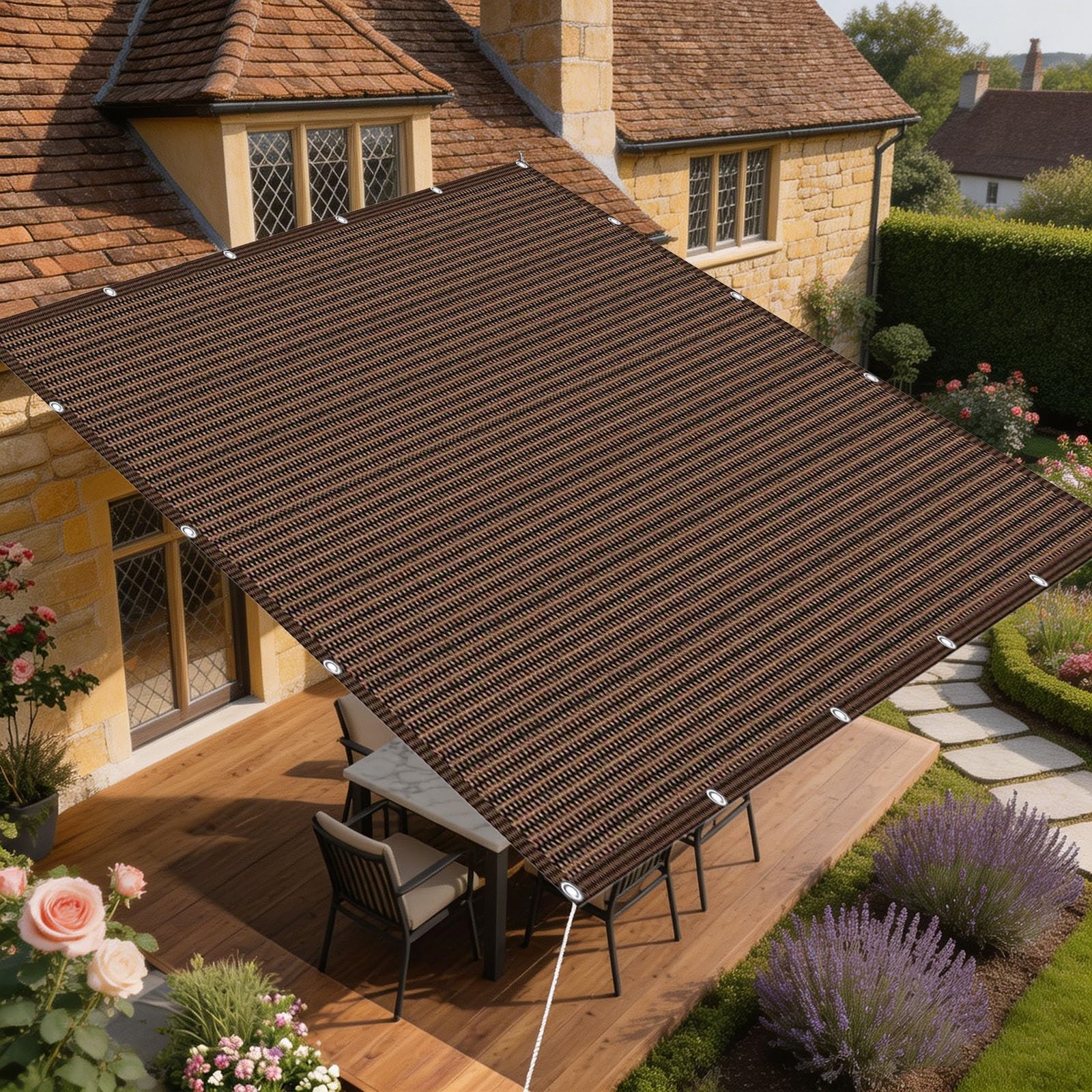 Filet d'ombrage 60x150 cm marron avec oeillets résistant pour terrasse