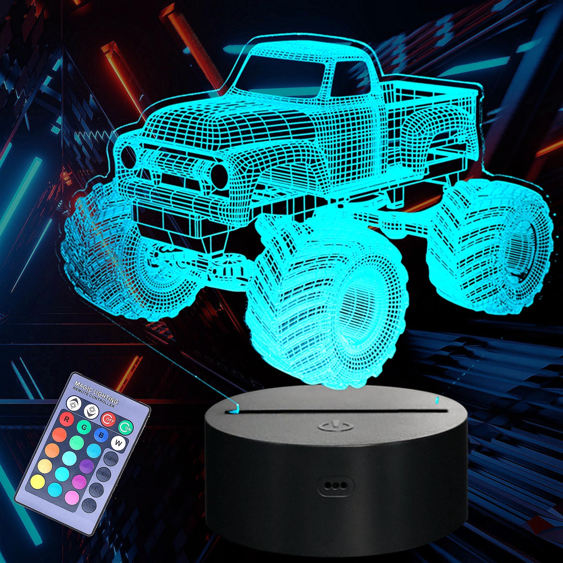 NALACAL Monster Truck 3D Illusion Night Light - Remote-Controlled 16 Color LED Lamp with Timer & Dimmer - Ideal Gift for Kids and Truck Enthusiasts for Christmas and Birthdays