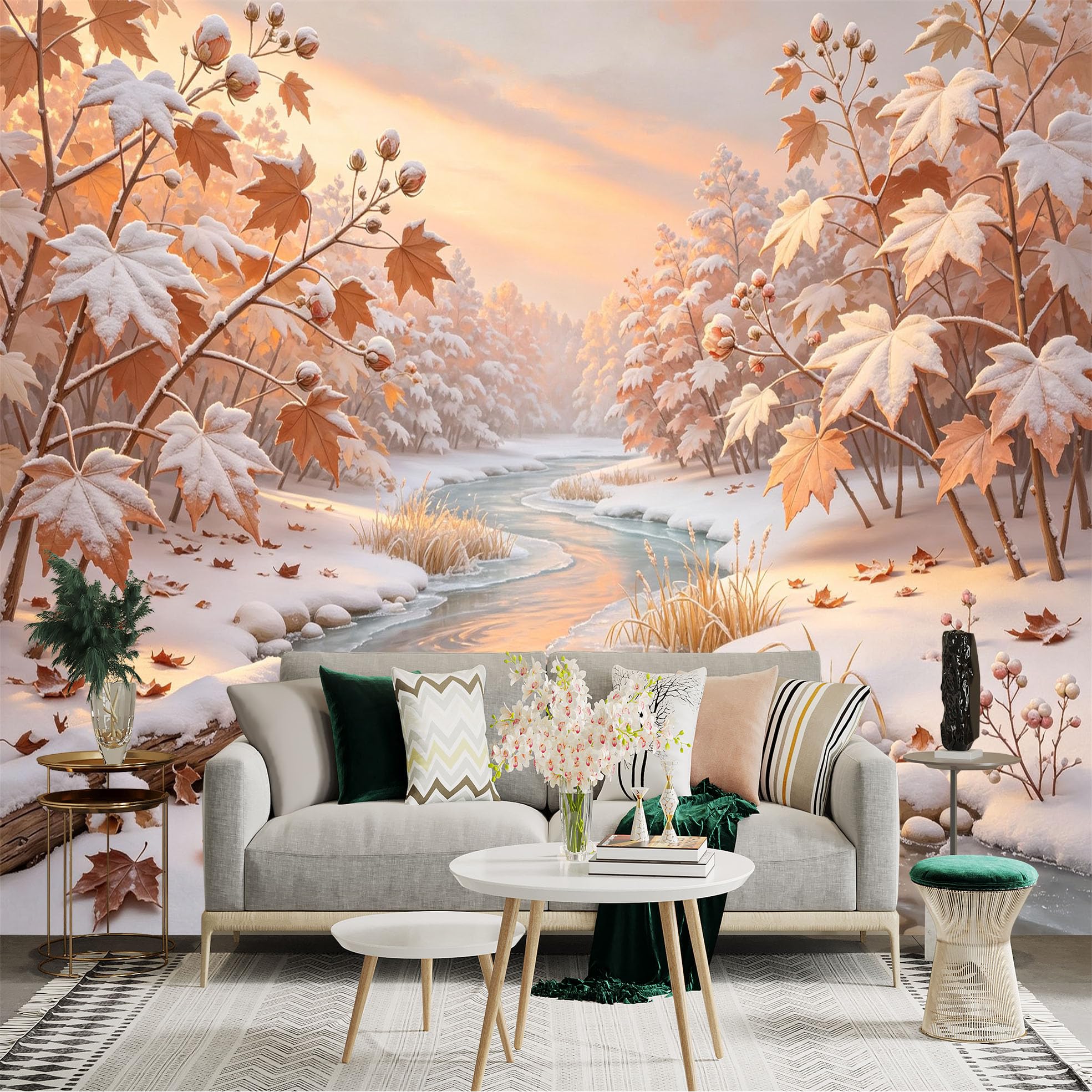 Lnzczhyre Bh260719505 Custom Size Wall Sticker Mural， Snowy Forest Creek， Winter Sunset Scenery， Gentle Frozen Stream， Seasonal Nature Landscape， For Wall Decoration， Peelandstick Wall Decals.