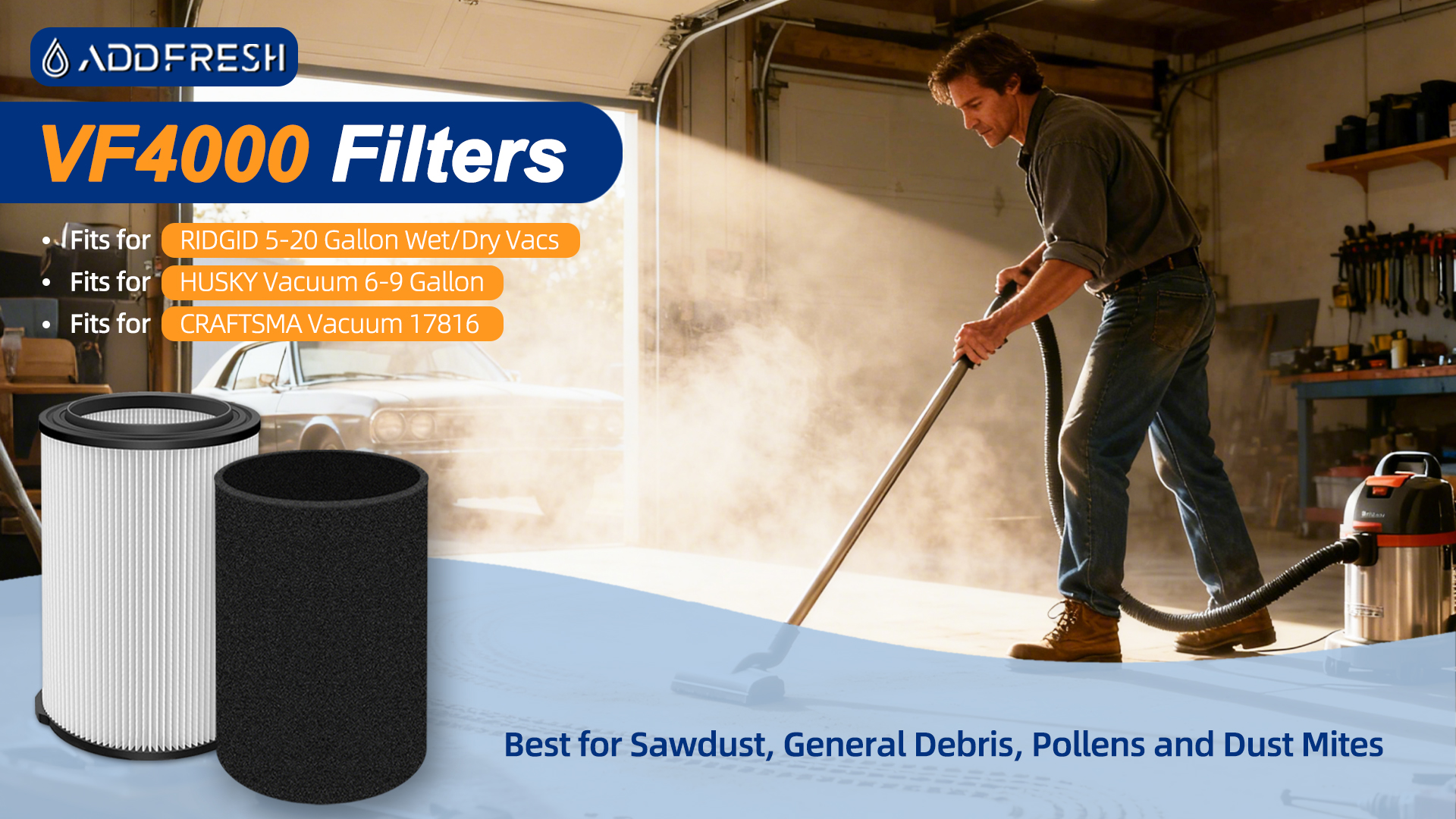Image of VF4000 Filter Replacement for Ridgid Shop Vac 5-20 Gallon Wet Dry Vacuum, for Husky 6-9 Gallon Vacuum, 3 Pack Standard Vacuum Filters + 6 Pack Foam Sleeve + 1 Cleaning Brush, 72952