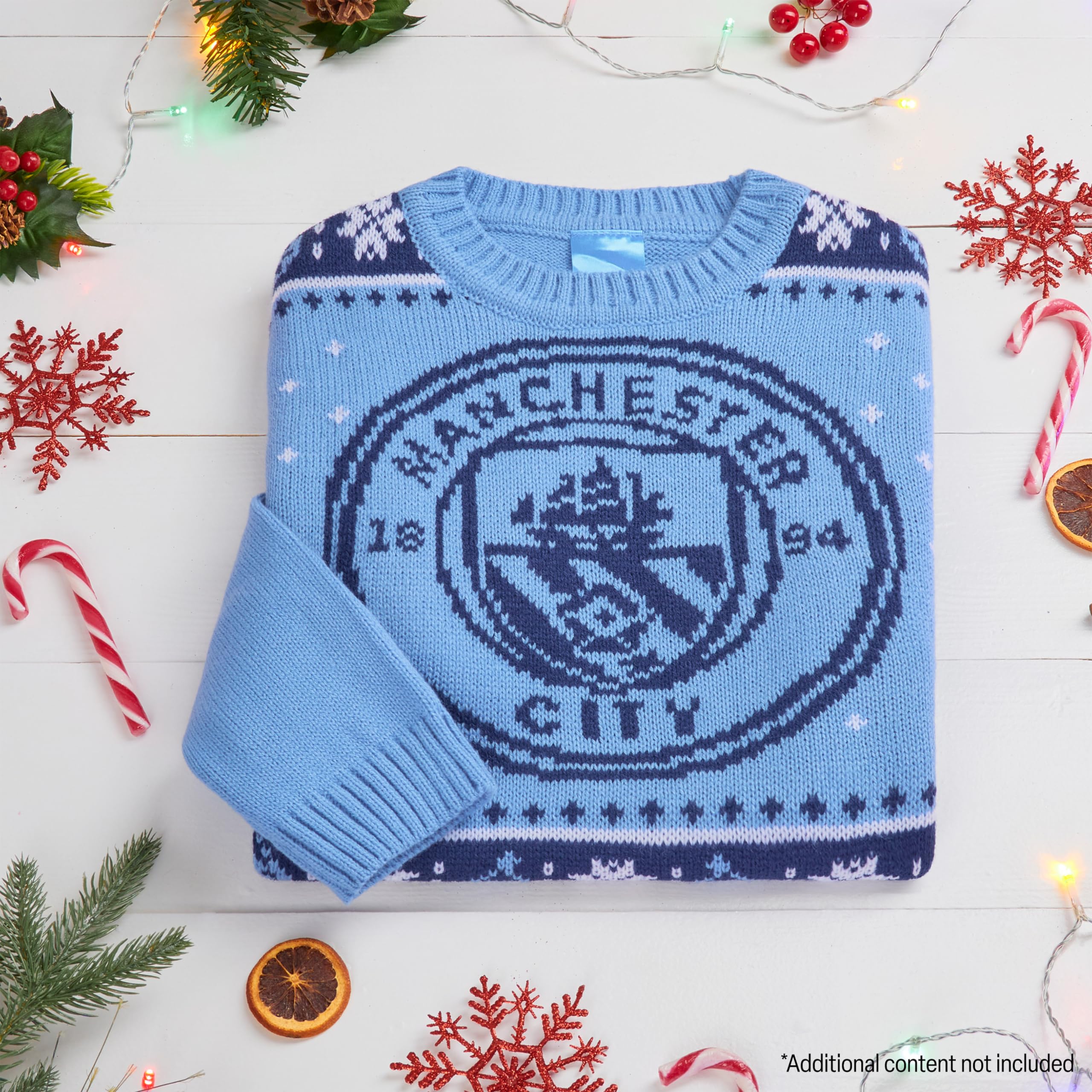 MANCHESTER CITY Sweter świąteczny dla dzieci, nastolatków, ciepły, przytulny, piłkarski, świąteczny sweter 7-14 lat - prezenty Man City dla chłopców (niebieski, 7-8 lat)