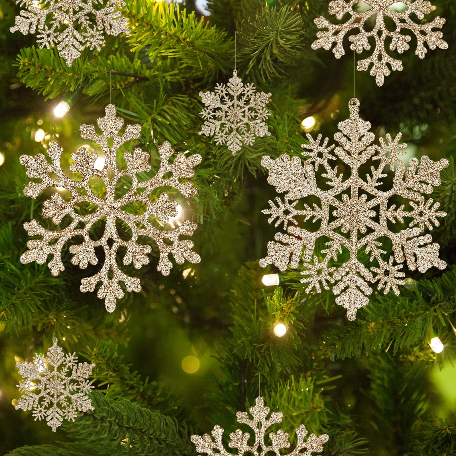 36pcs Christmas Snowflake Ornaments Plastic Glitter Snowflakes Ornaments for Xmas Tree Decorations, 4-inch, Champagne Gold