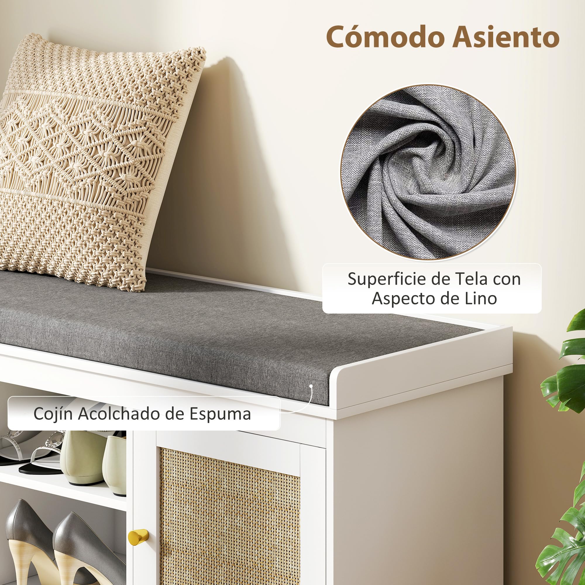 HOMCOM Banco Zapatero con Asiento Acolchado Bohemio 105x35x47 cm Blanco | Mueble Zapatero, Banco Recibidor, Puertas Frentes de Ratán, Estante Abierto, Estante Ajustable, para 9 Pares de Zapatos