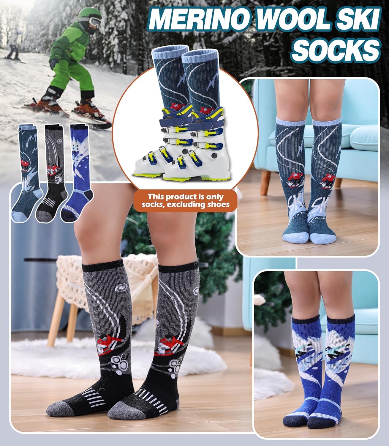 Kids Merino Wool Ski Socks Boys Girls Thermal Winter Warm Thick Cozy Socks for Skiing Snowboarding 3 Pairs - Image 6