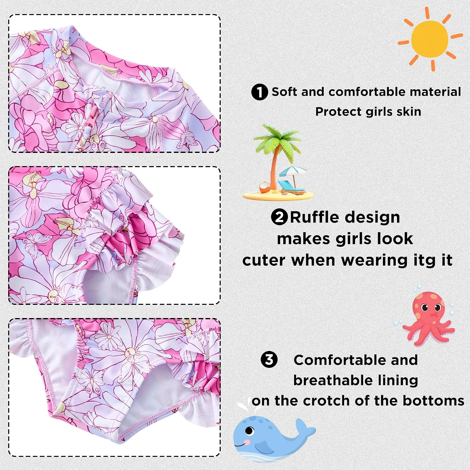 UMELOK Girls Long Sleeve Rash Guard One Piece Swimsuits UPF 50+ Ruffle Zipper Bathing Suit 4-10 Years