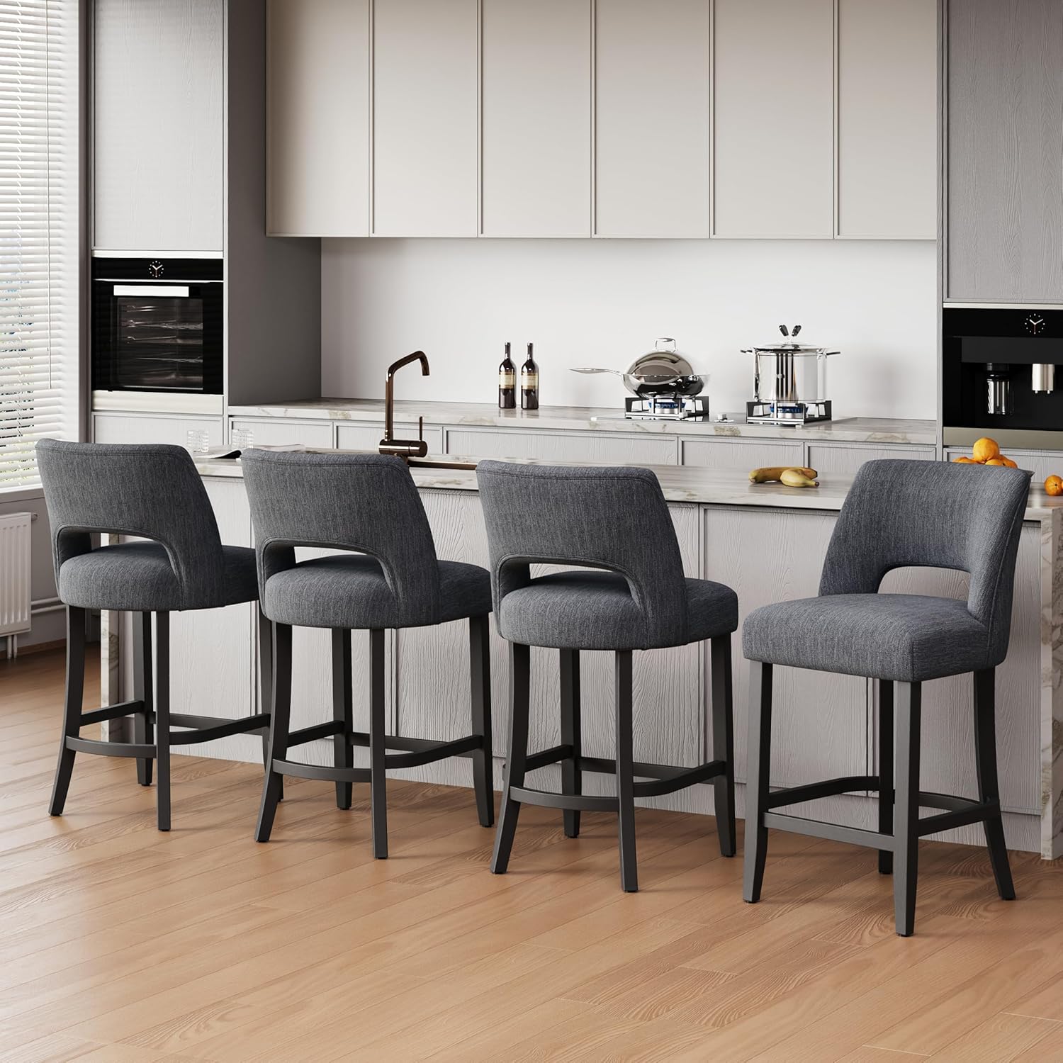 keoni 26'' Counter Height Bar Stools Set of 4, Upholstered Bar Stools with Black Wood Legs, Modern Counter Stools with Back for Kitchen Island and Bar, Dark Gray