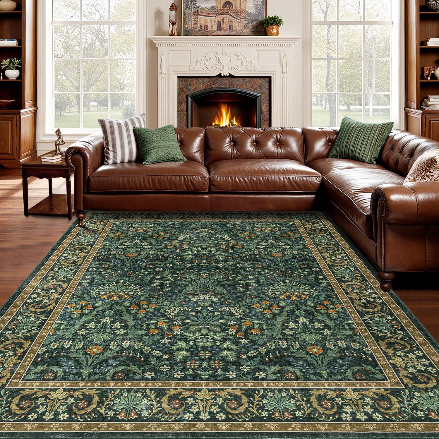 woaboy washable 8x10 area rug for living room bedroom dining room under kitchen table,non-slip low pile stain resistant soft large carpet for vintage floral oriental home decor green gold
