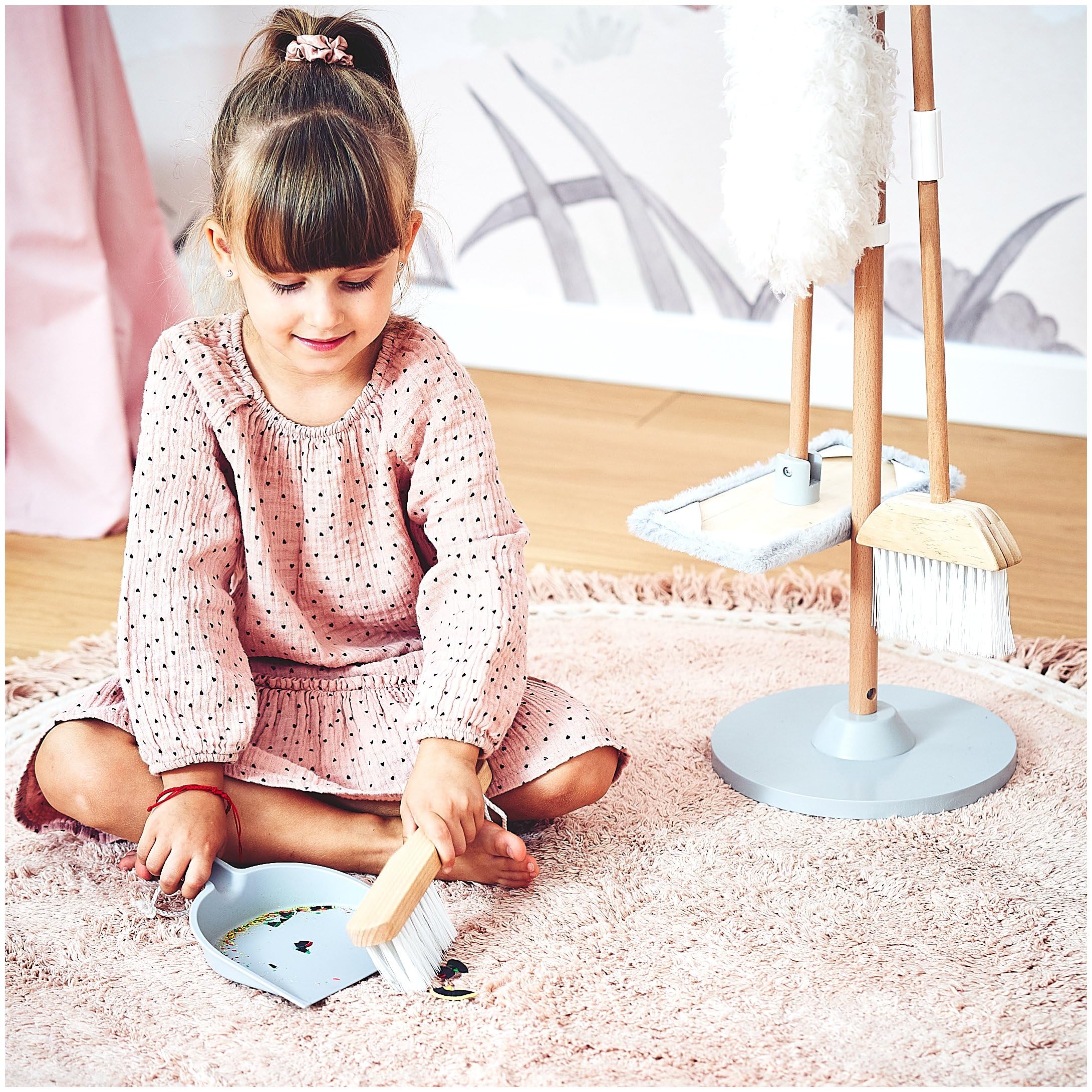 Mamabrum, kit de Nettoyage en Bois, Support de Rangement en Bois, Pelle, Balai, vadrouille avec Tampon Doux, plumeau, kit de Nettoyage pour Enfants, Balai pour Enfants