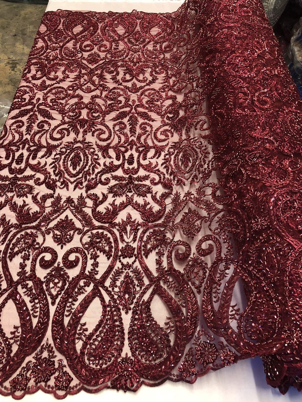 Beaded Embroided Elegant Paisley Pattern Fabric - Burgundy - Embroidery Fabric with Beads on Mesh Many Colors Sold by The Yard