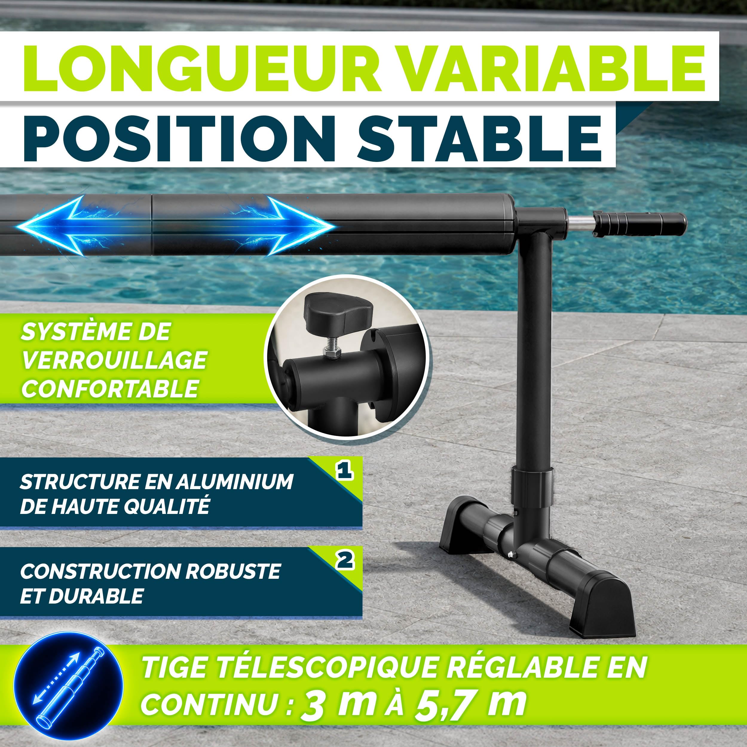 tillvex Enrouleur de Piscine 3-5,70 m avec pneus Pleins Thermomètre & Pattes de Fixation | Système d'enroulement pour bâche Solaire | Dispositif de déroulement pour bâche et Couverture de Piscine