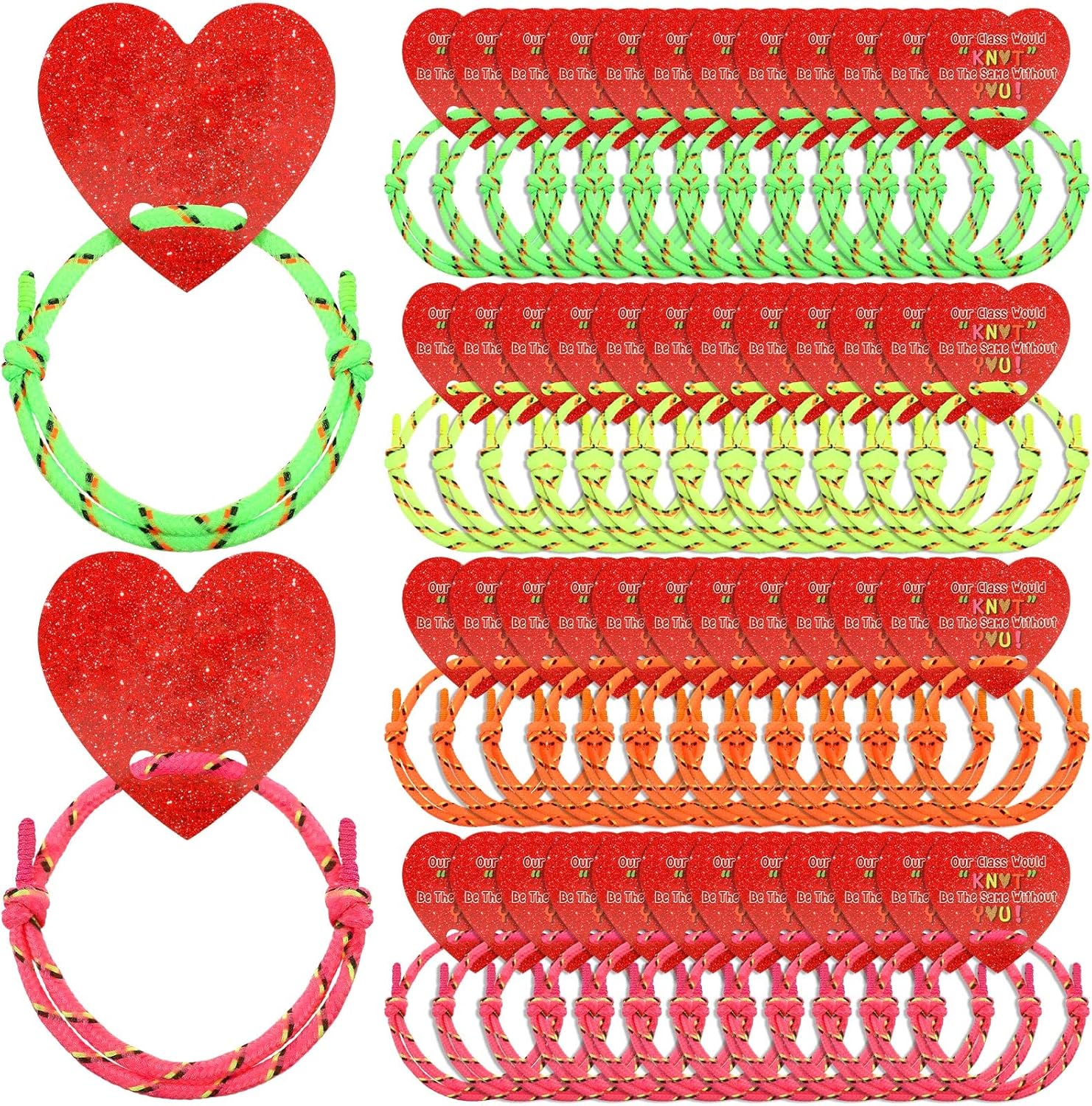 Batiyeer 48 Set / 96 Pcs Valentine Friendship Bracelets and Card Set Valentines from Teacher to Student Gift, Our Class Will Knot Be the Same Without You for Students School Classroom Party Favors